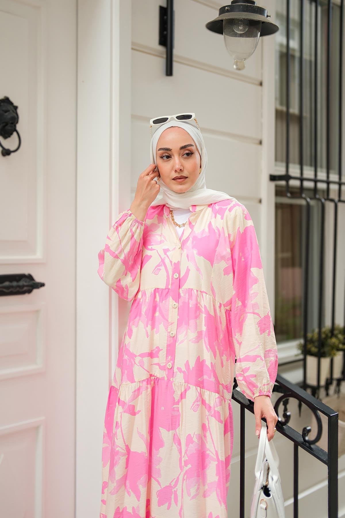 Karışık Desen Elbise Pembe