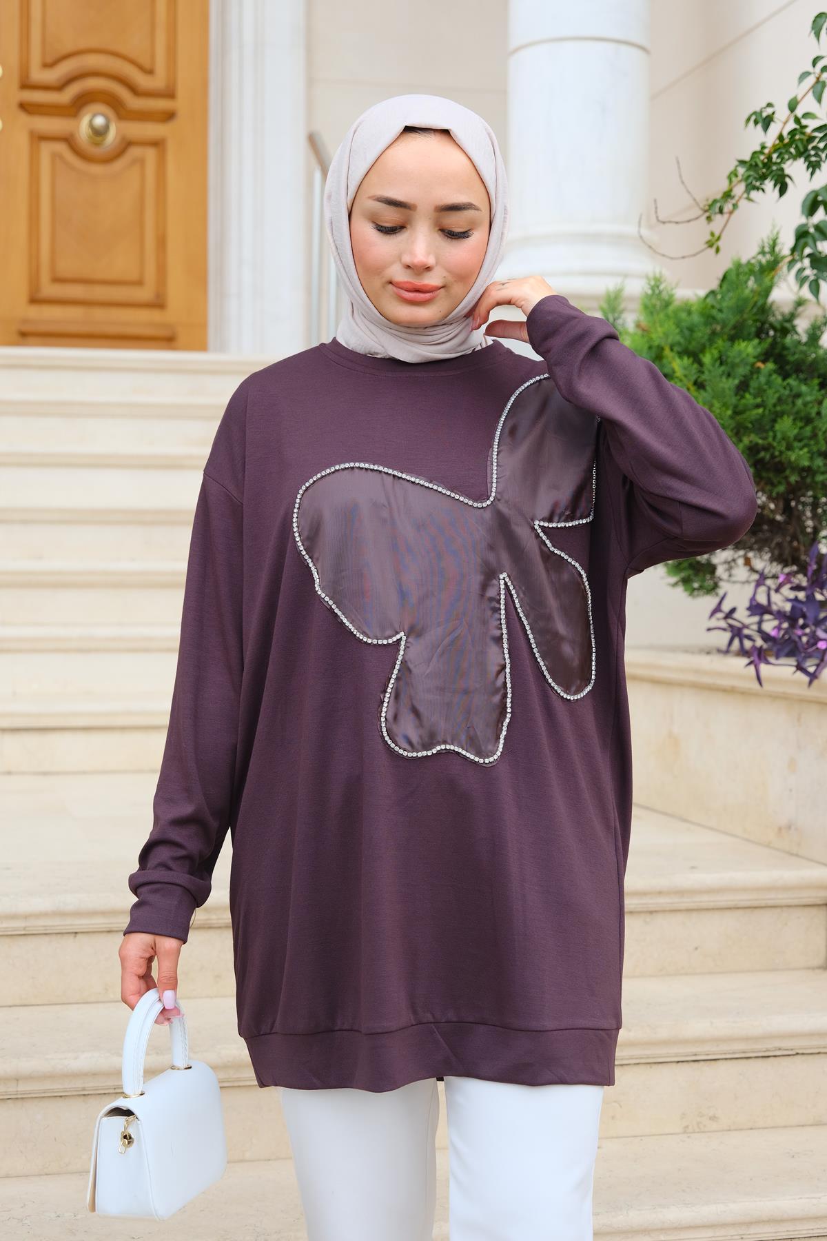 Kelebek Detaylı Tunik Kahverengi