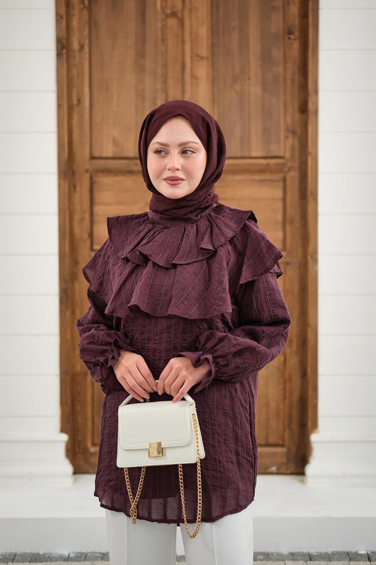 Kendinden Çizgi Desenli Yaka Büzgülü Tunik Mürdüm