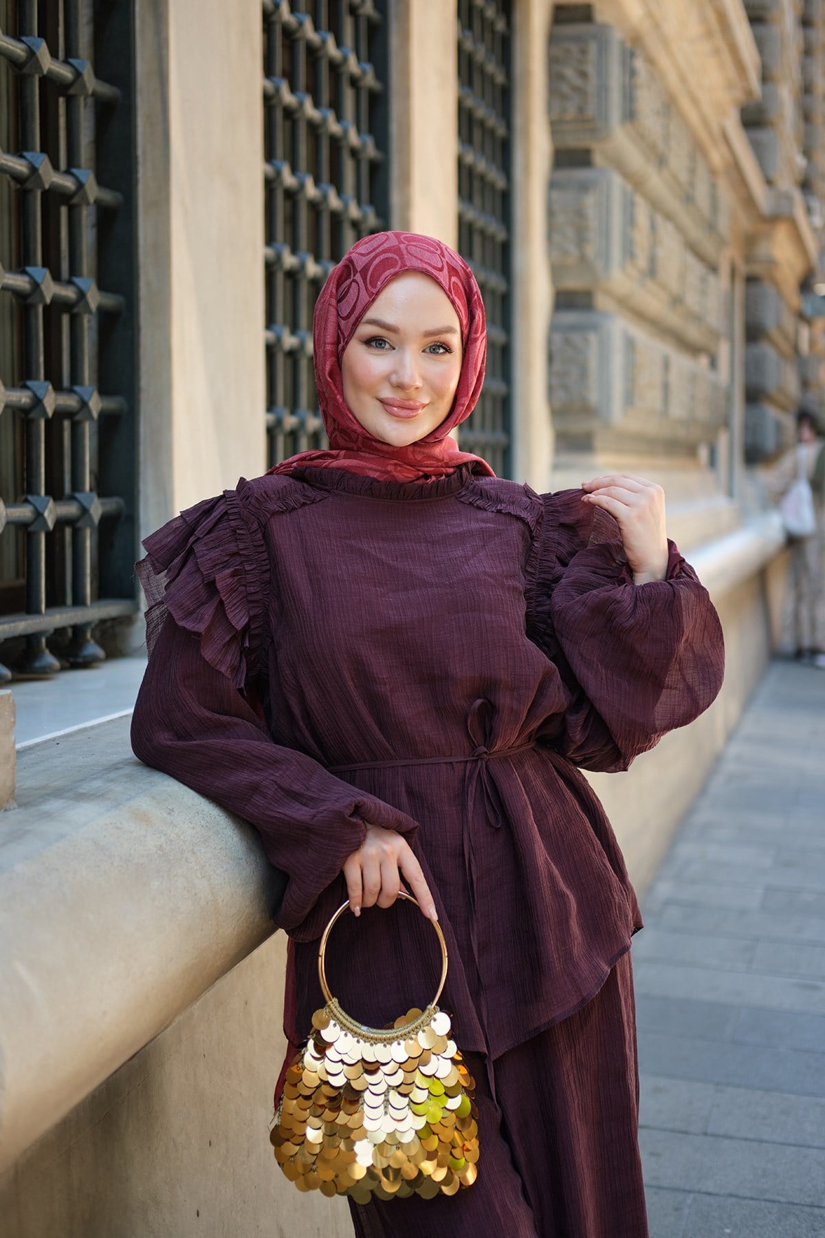Kendinden Desen Omuz Fırfır Detay Bel Bağlamalı Tül Takım Bordo