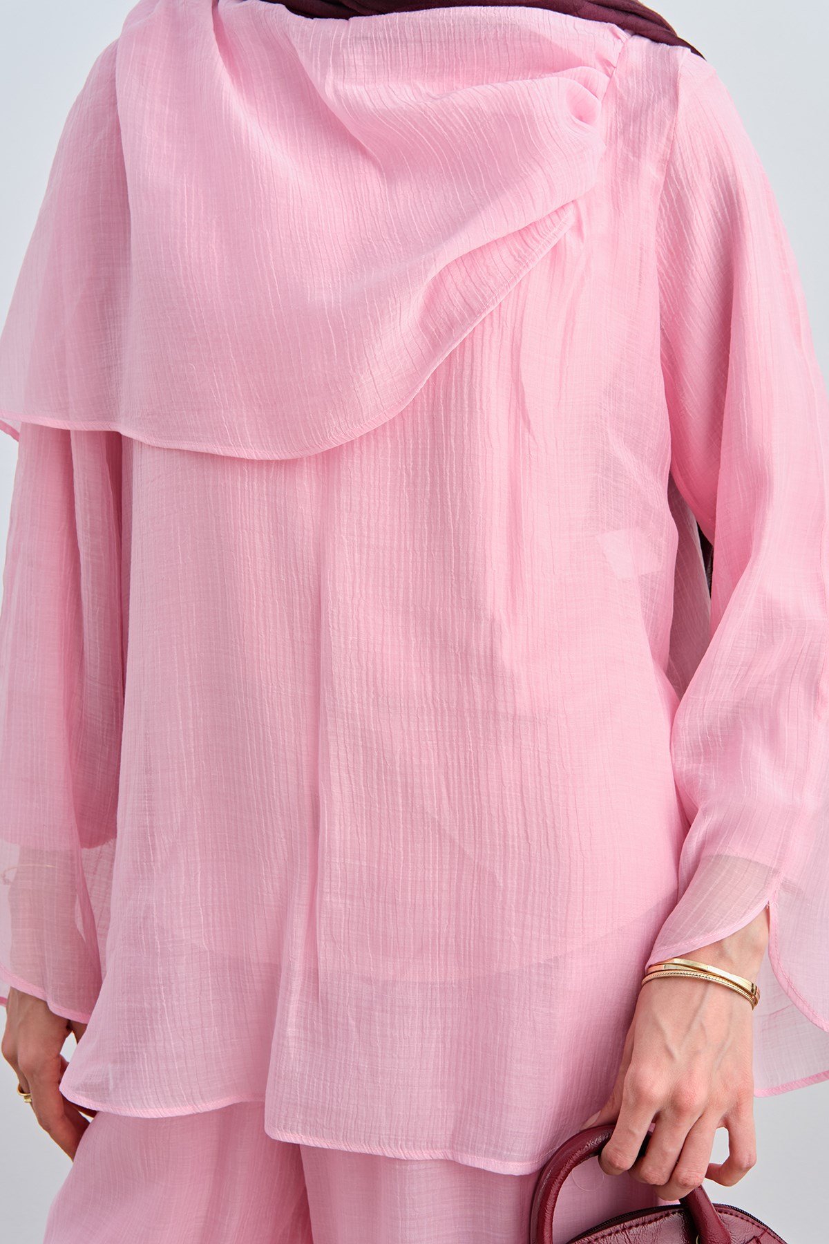 Kendinden Desenli İç Astarlı Tül Takım Pembe