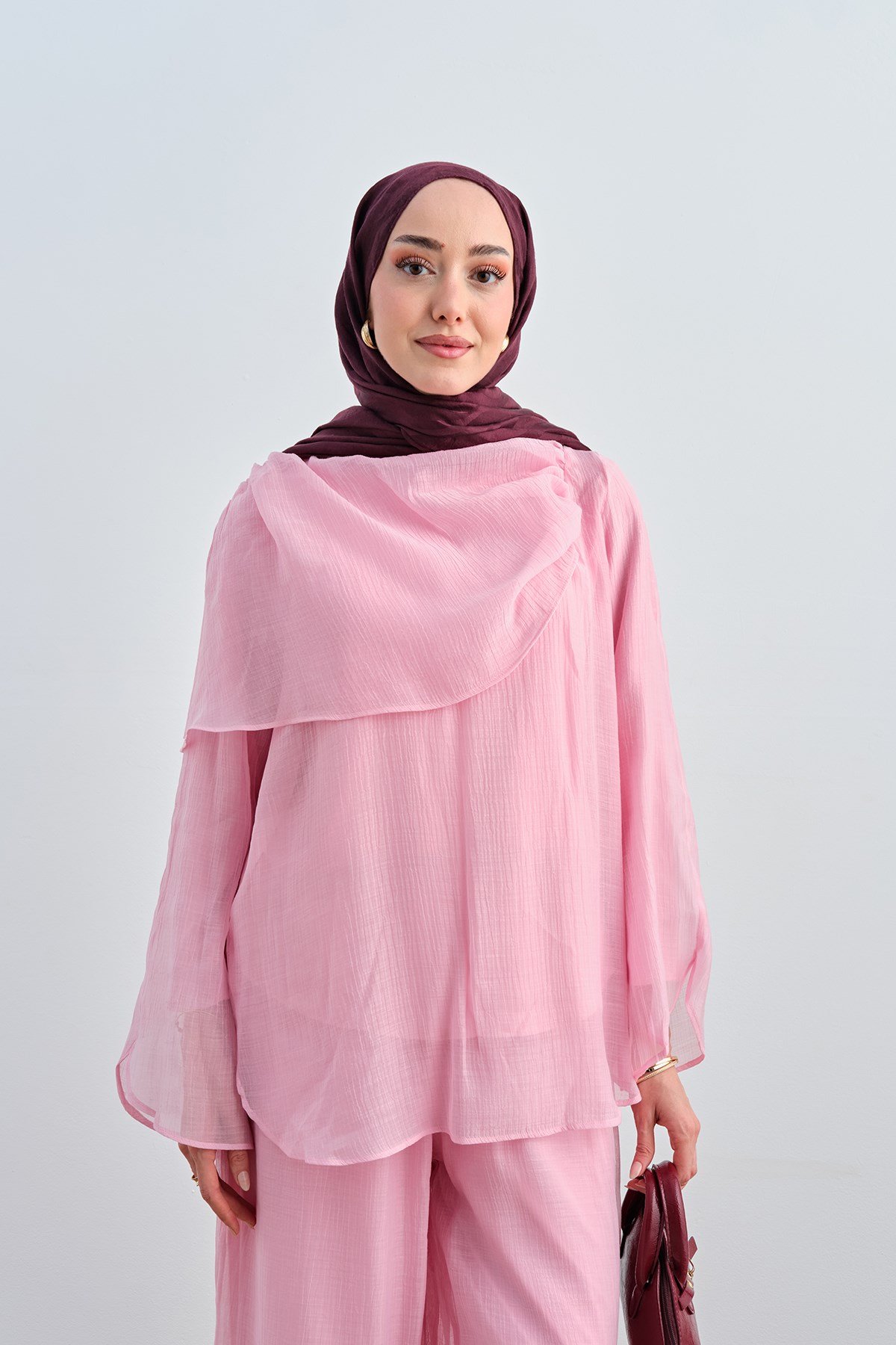 Kendinden Desenli İç Astarlı Tül Takım Pembe