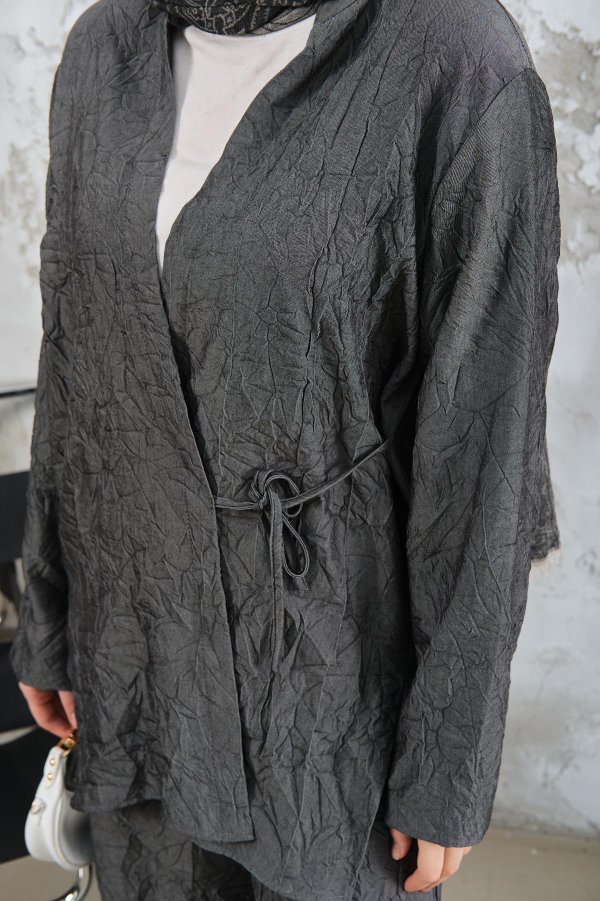 Kendinden Desenli Kimono Takım Antrasit