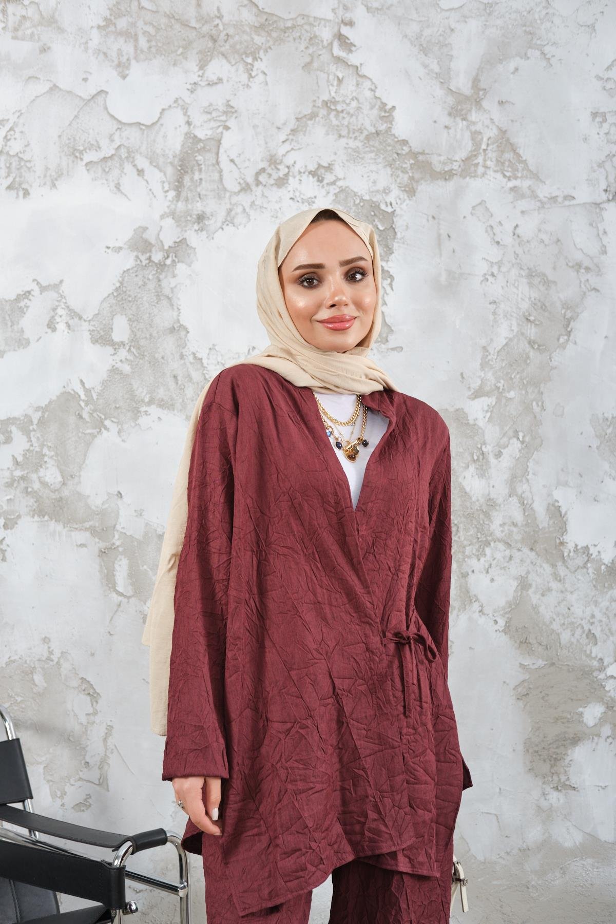 Kendinden Desenli Kimono Takım Bordo