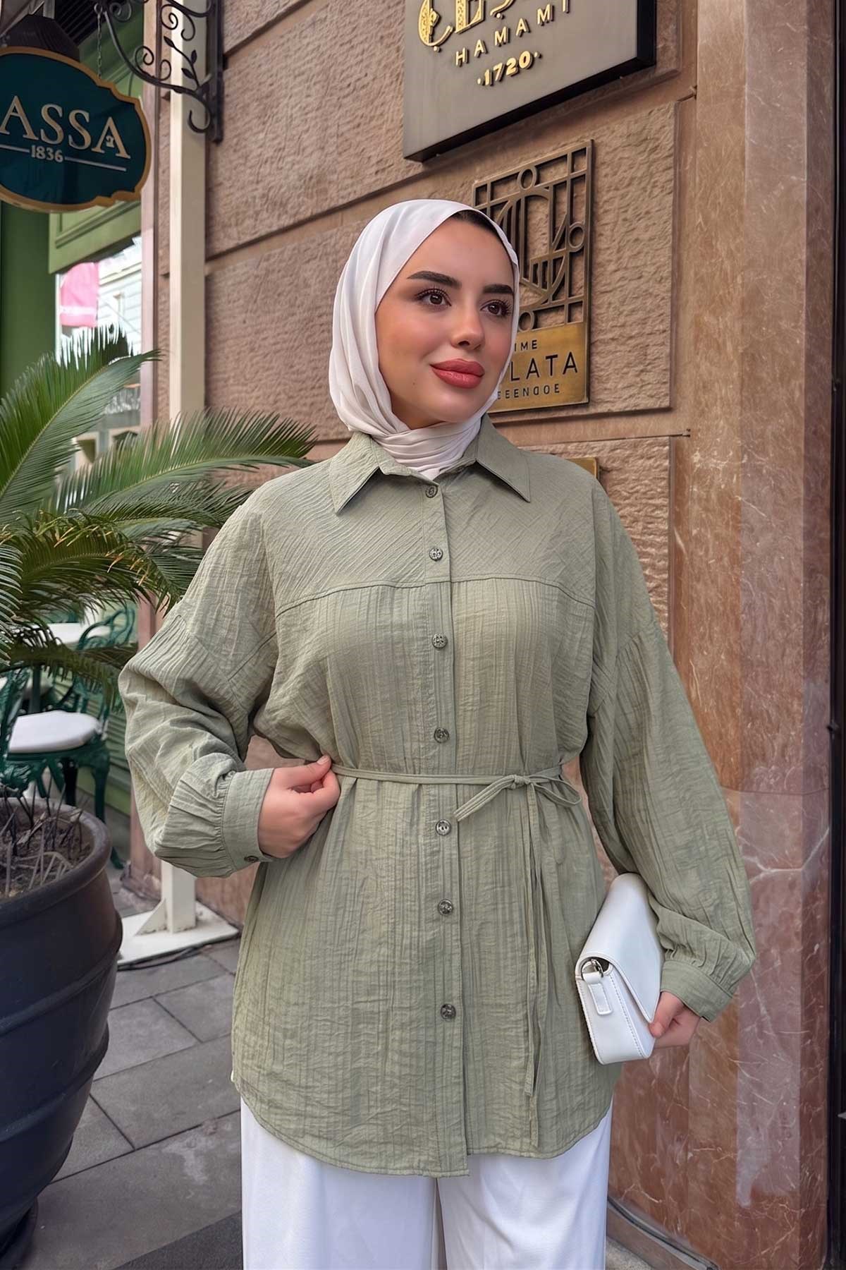 Kendinden Desenlş Bel Bağlamalı Gömlek Haki Yeşil