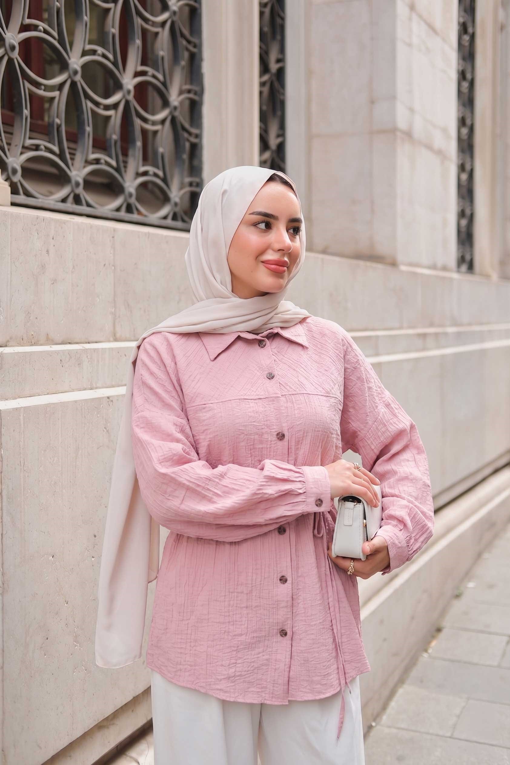 Kendinden Desenlş Bel Bağlamalı Gömlek Pembe