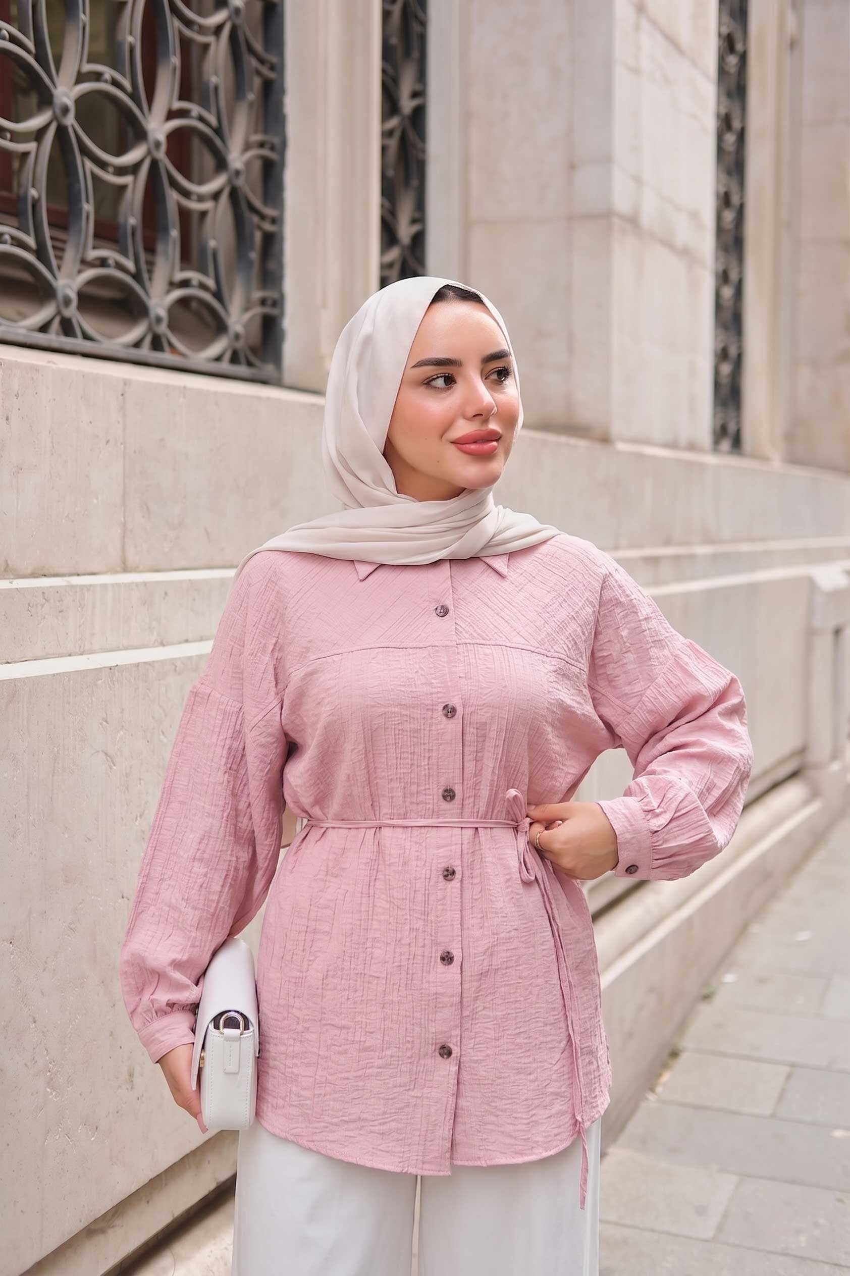 Kendinden Desenlş Bel Bağlamalı Gömlek Pembe