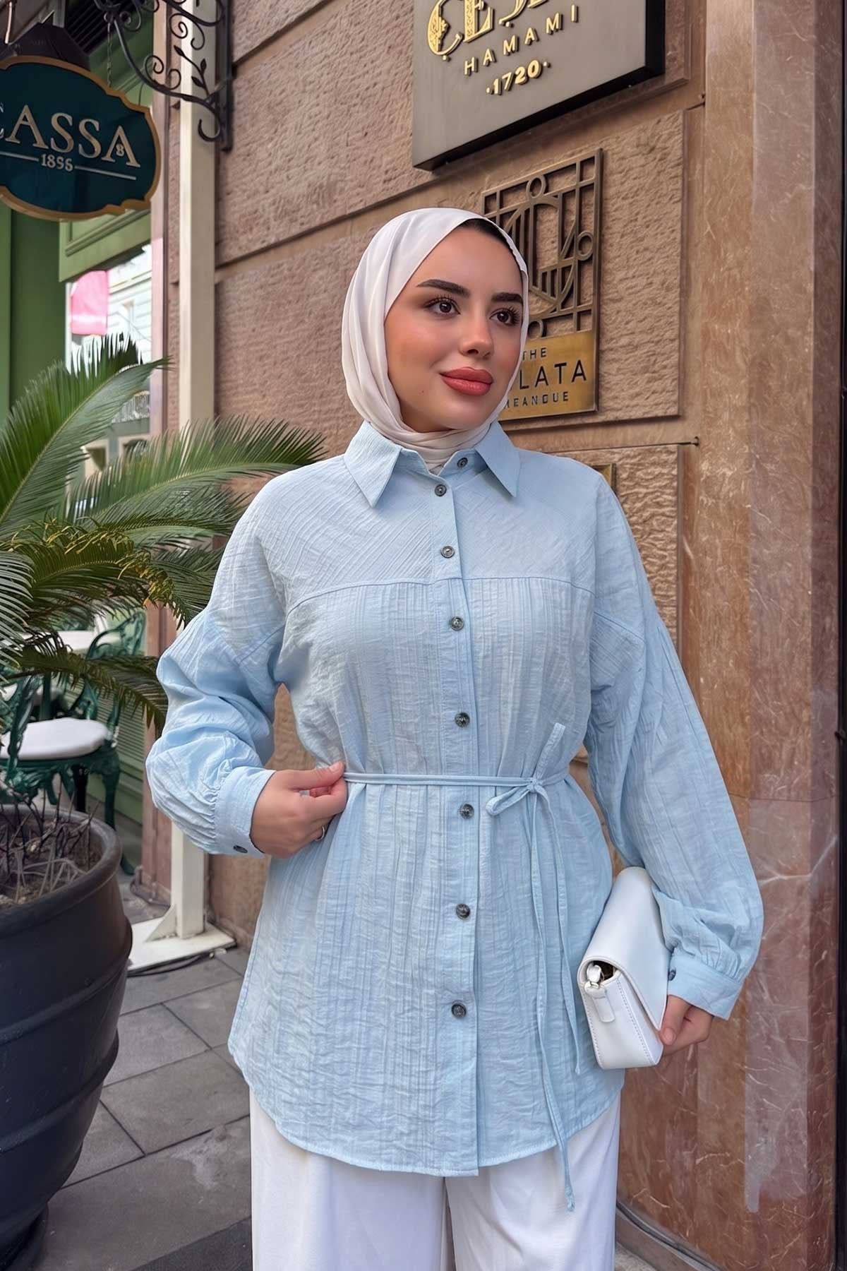 Kendinden Desenlş Bel Bağlamalı Gömlek Bebe Mavi