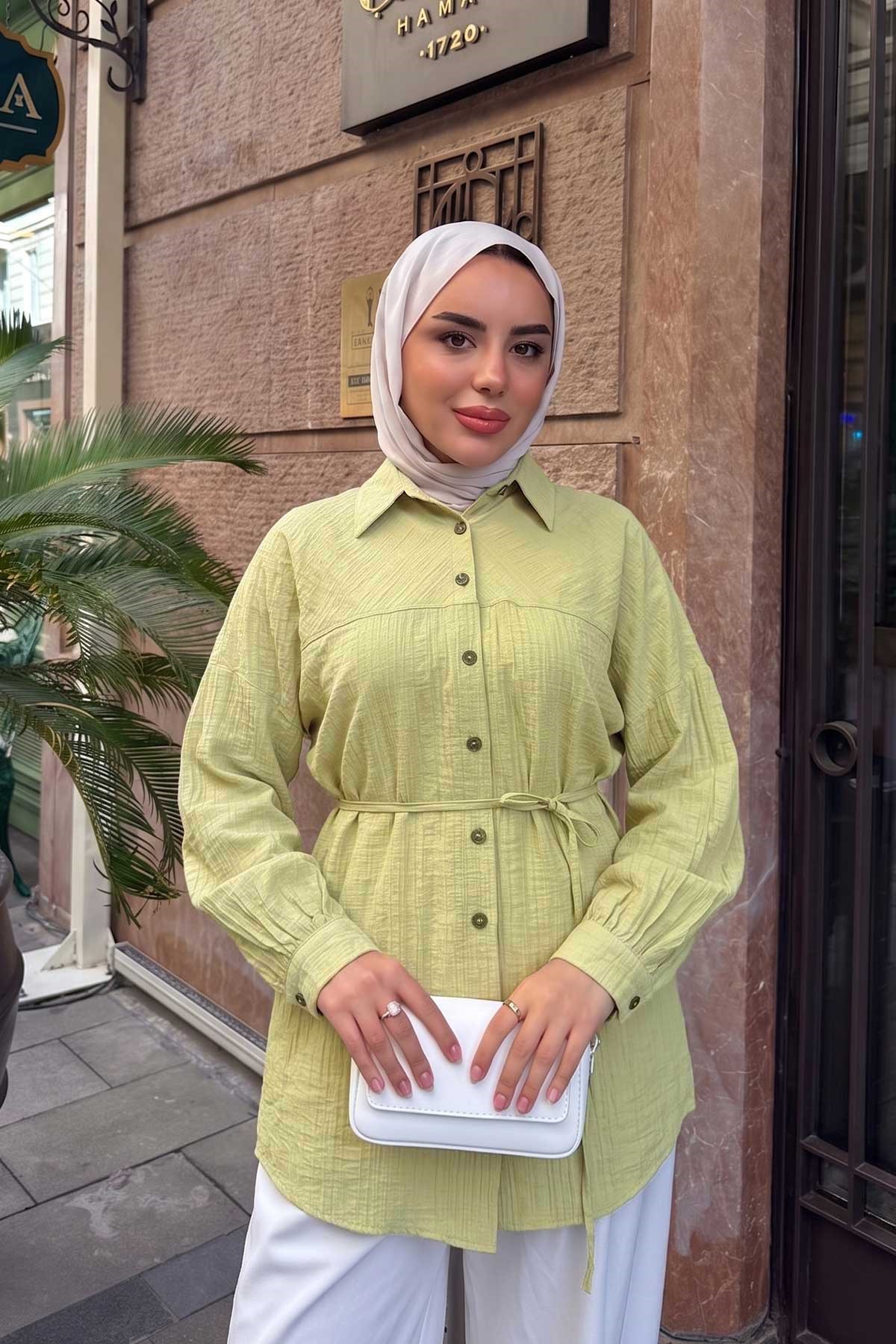 Kendinden Desenlş Bel Bağlamalı Gömlek Fıstık Yeşil