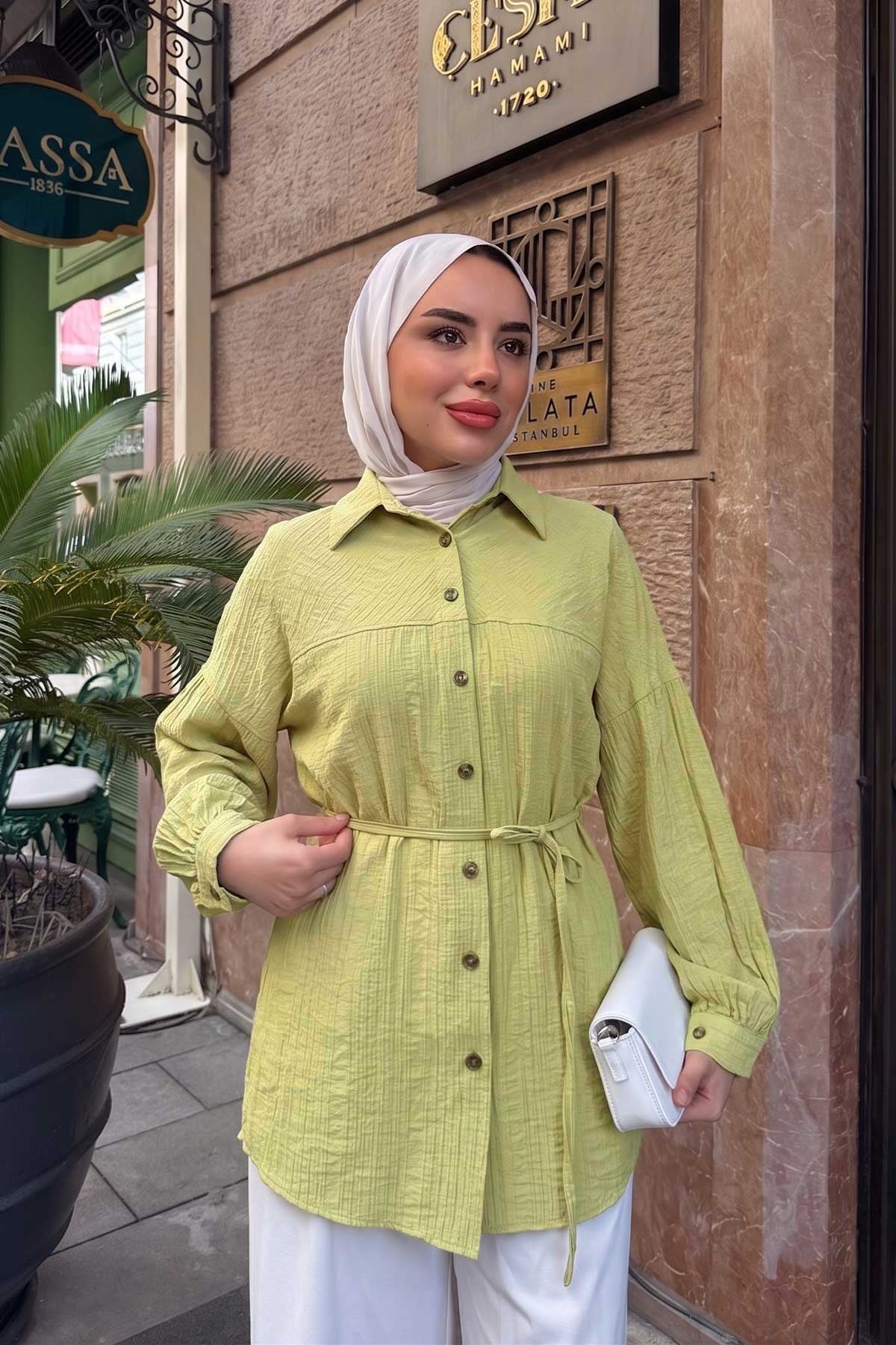 Kendinden Desenlş Bel Bağlamalı Gömlek Fıstık Yeşil