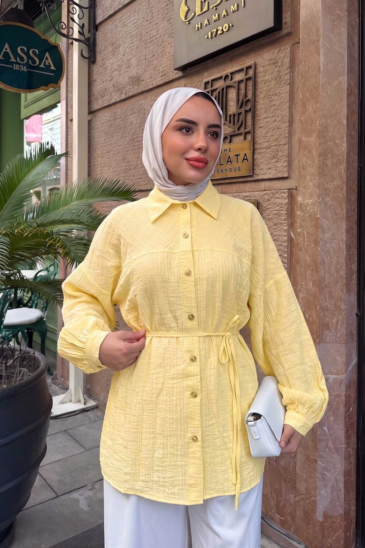 Kendinden Desenlş Bel Bağlamalı Gömlek Sarı