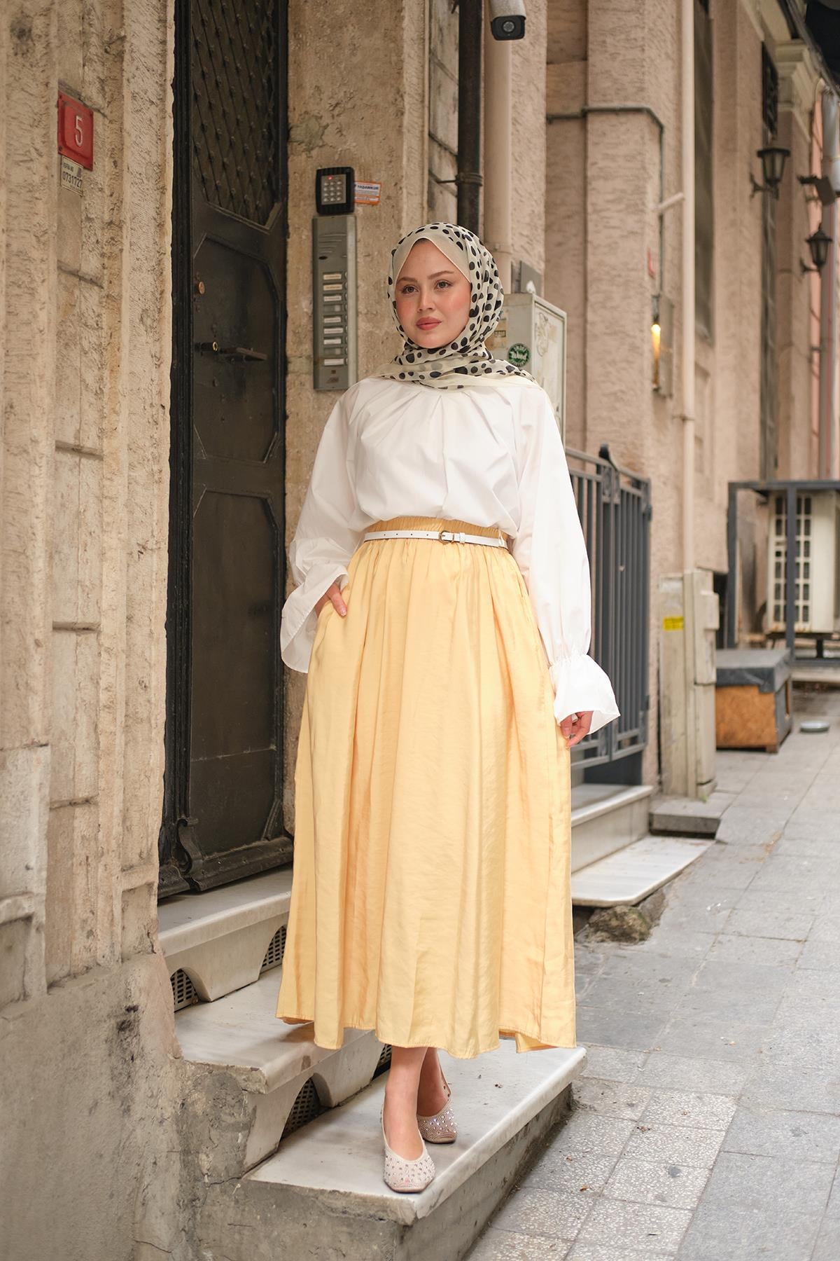 Kırışık Kloş Etek Sarı