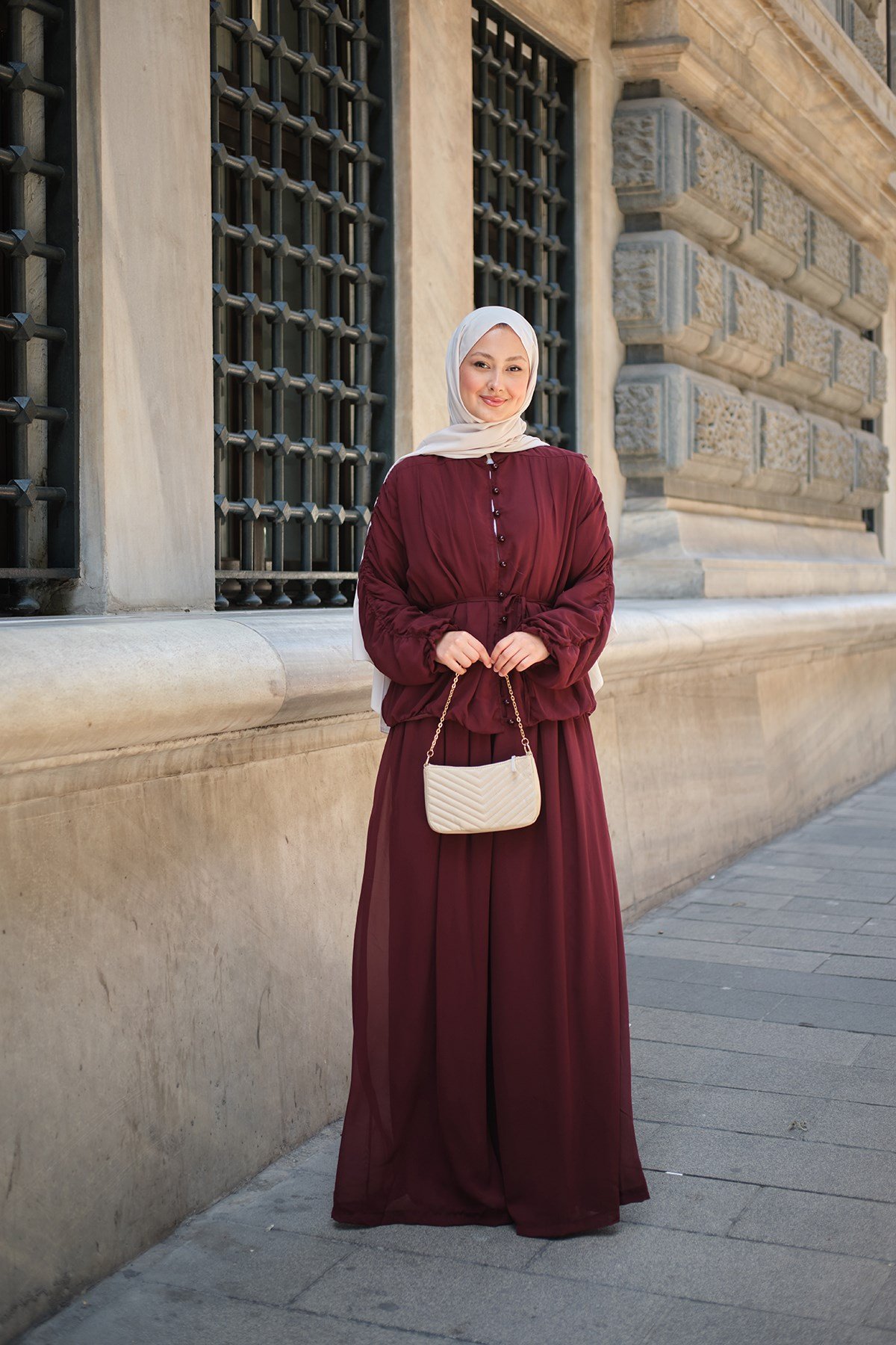 Kol Büzgülü Bel Bağlamalı Düğme Detay Tül Takım Bordo