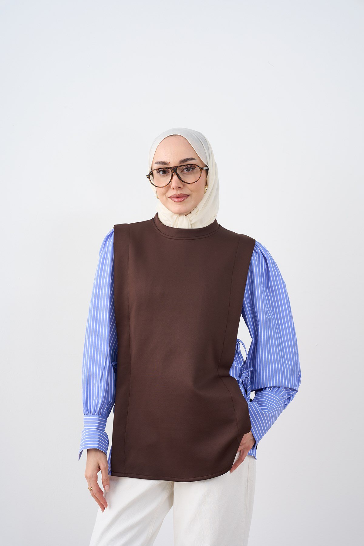 Kolları Çizgili Yan Bağlama Detay Tunik Kahverengi