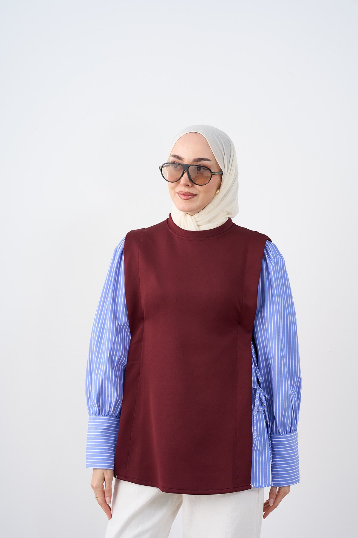 Kolları Çizgili Yan Bağlama Detay Tunik Bordo