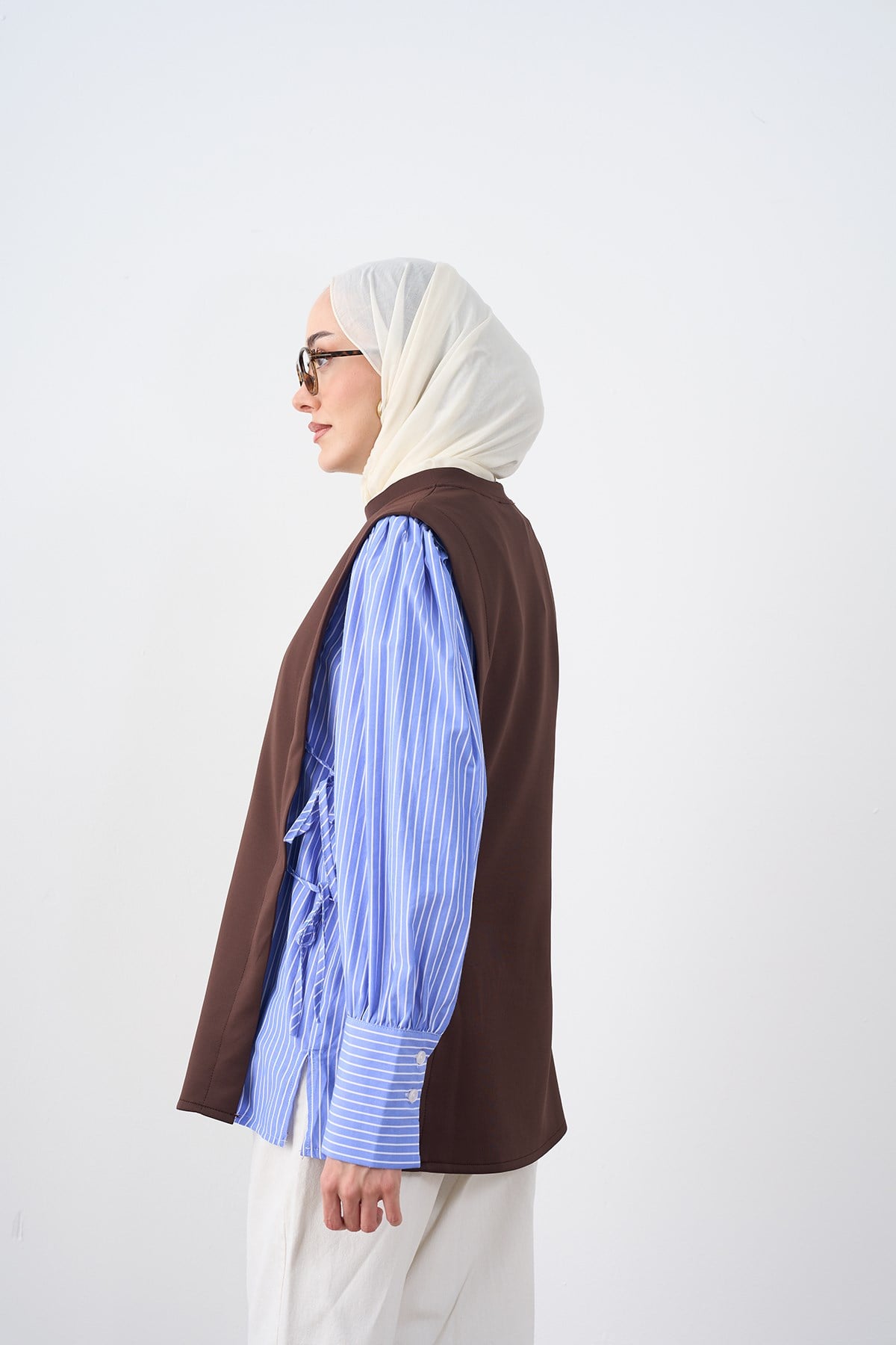 Kolları Çizgili Yan Bağlama Detay Tunik Kahverengi