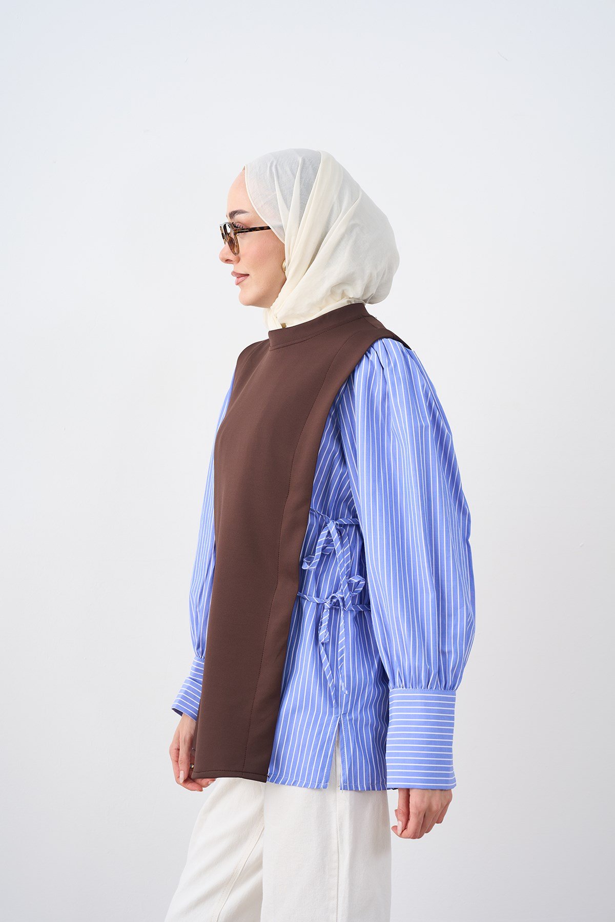 Kolları Çizgili Yan Bağlama Detay Tunik Kahverengi