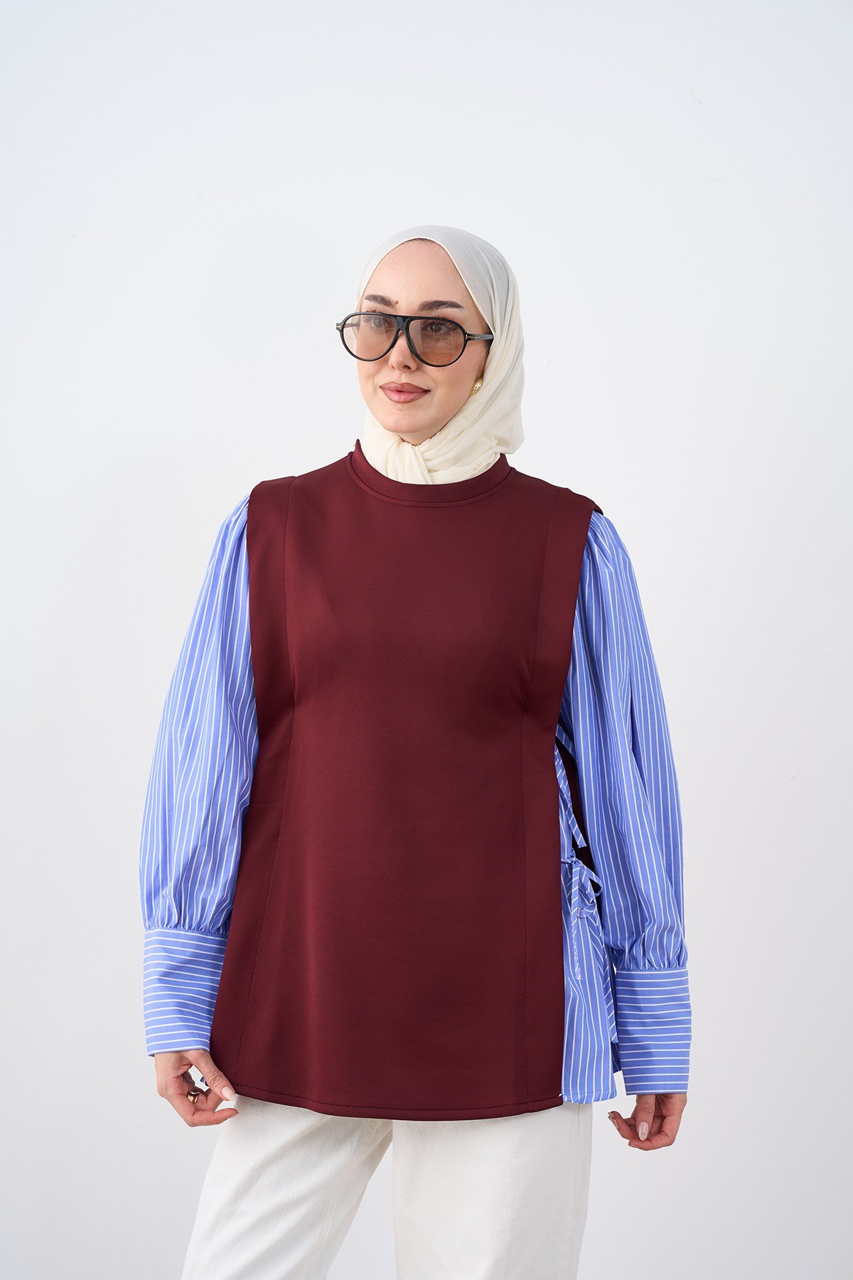 Kolları Çizgili Yan Bağlama Detay Tunik Bordo