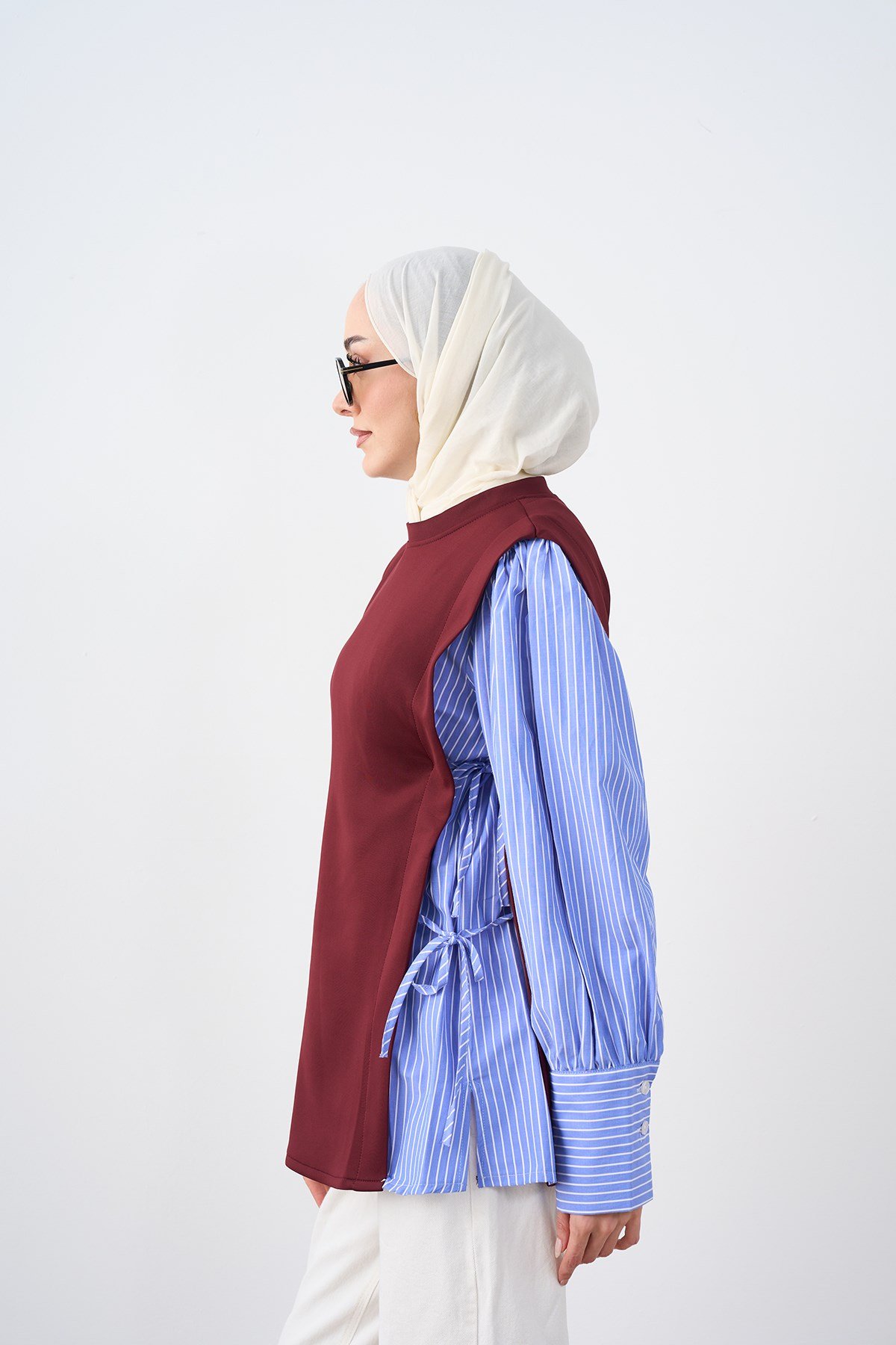 Kolları Çizgili Yan Bağlama Detay Tunik Bordo