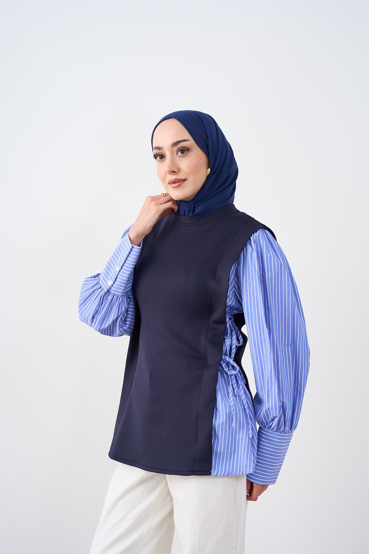 Kolları Çizgili Yan Bağlama Detay Tunik Lacivert