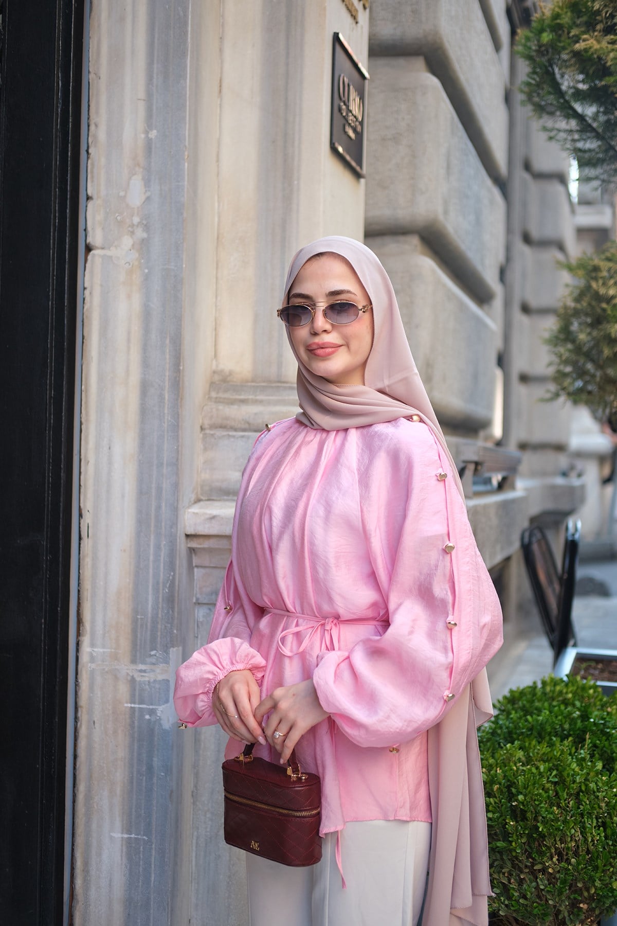 Kolları Düğme Detay Balon Kol Bel Bağlamalı Tunik Pembe