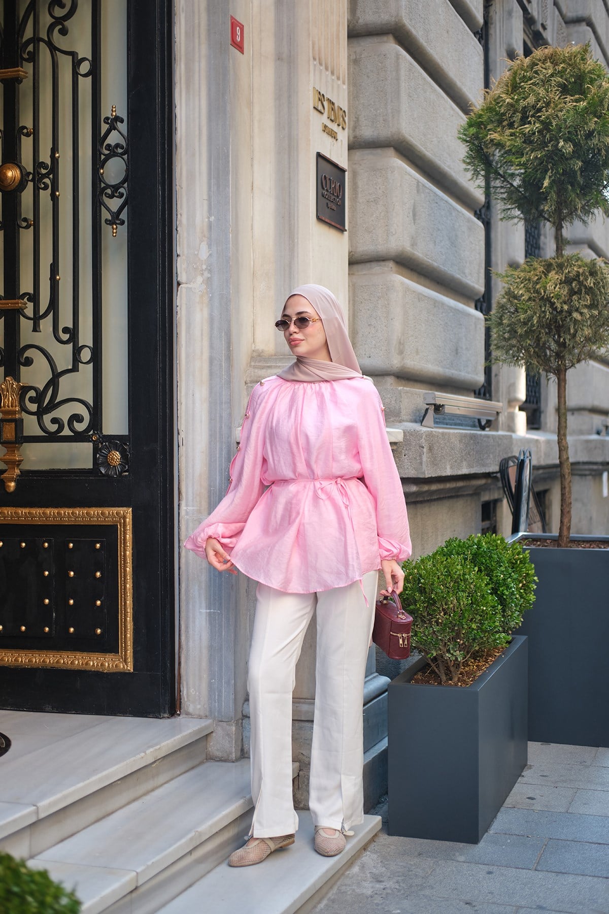 Kolları Düğme Detay Balon Kol Bel Bağlamalı Tunik Pembe