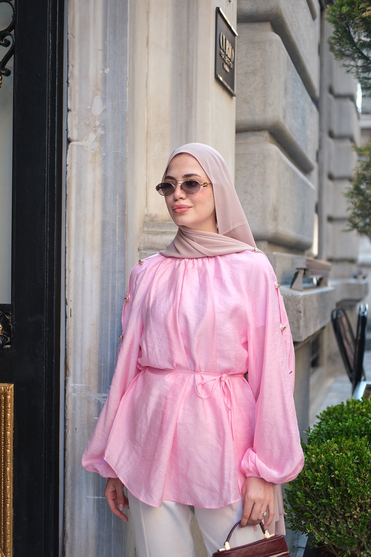 Kolları Düğme Detay Balon Kol Bel Bağlamalı Tunik Pembe