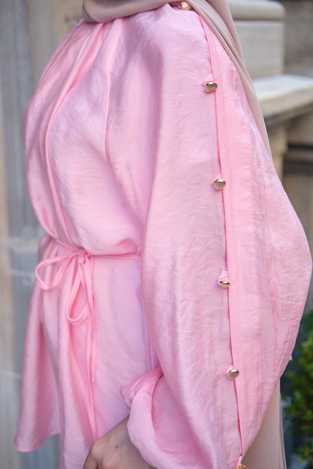 Kolları Düğme Detay Balon Kol Bel Bağlamalı Tunik Pembe