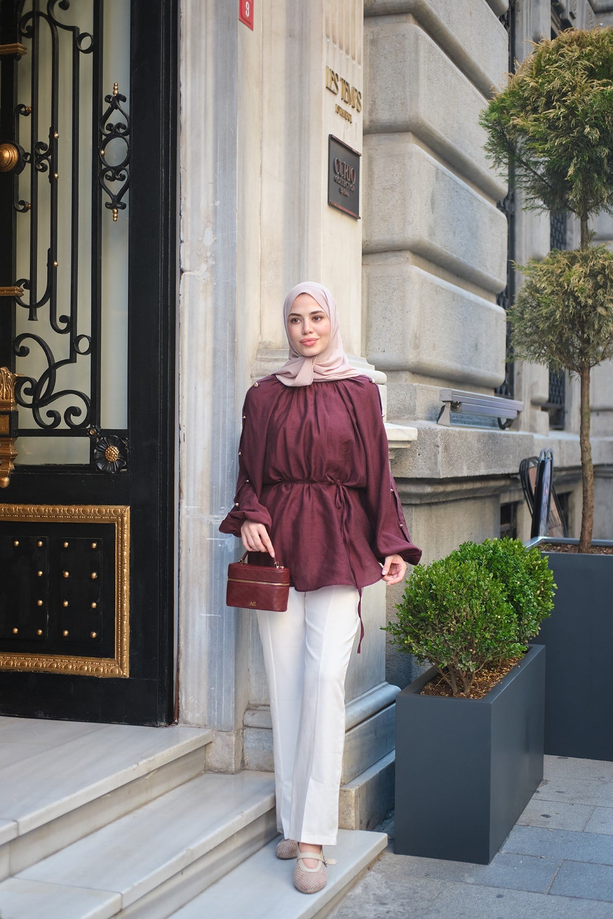 Kolları Düğme Detay Balon Kol Bel Bağlamalı Tunik Mürdüm