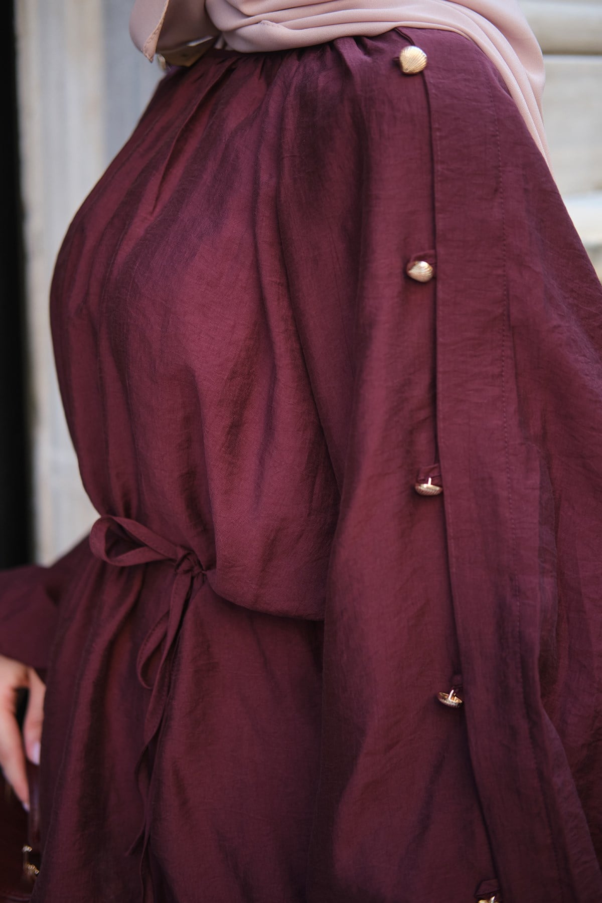 Kolları Düğme Detay Balon Kol Bel Bağlamalı Tunik Mürdüm