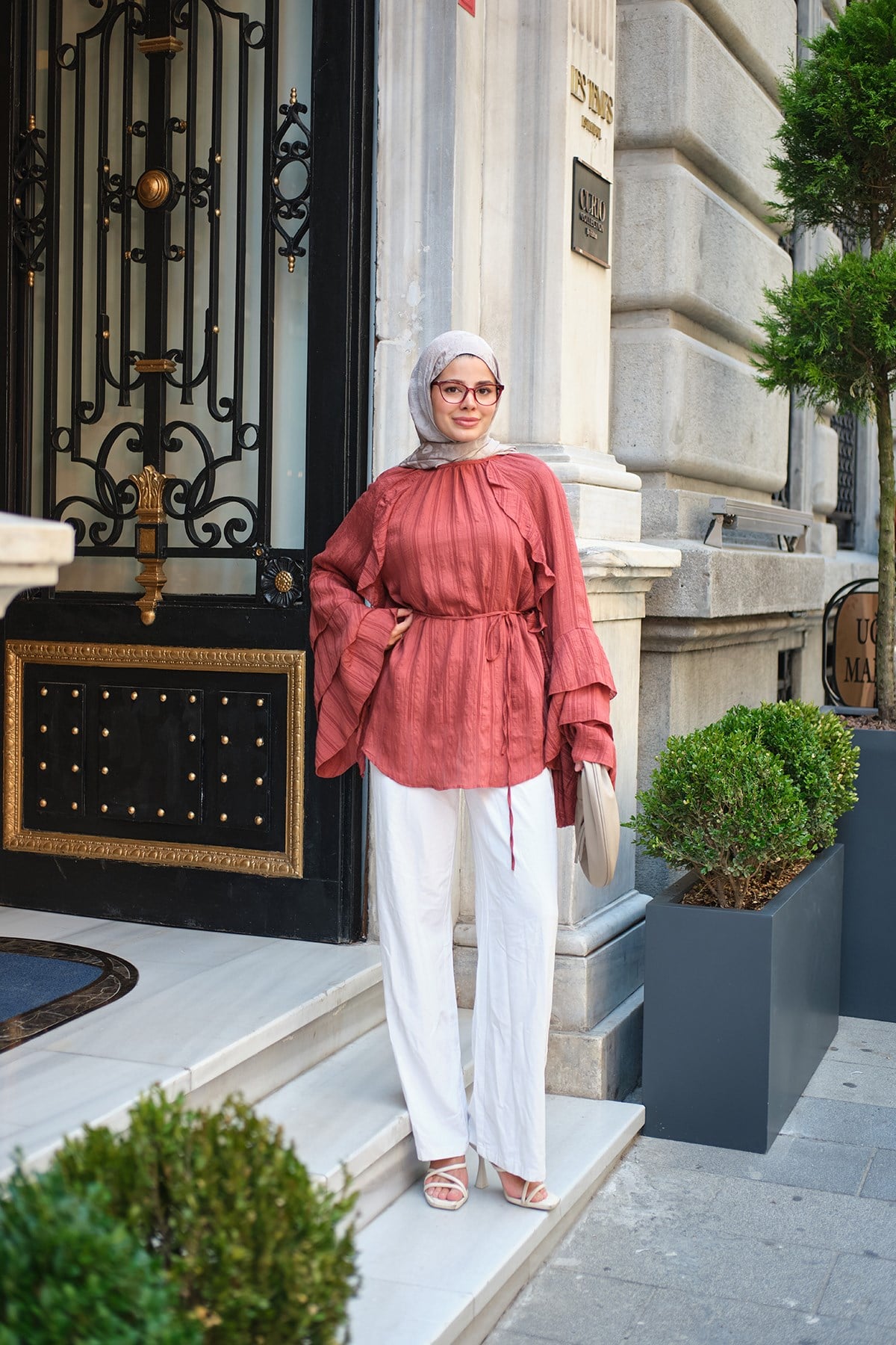 Kolları Katlı Önü Fırfır Detay Bel Bağlamalı Tunik Kiremit