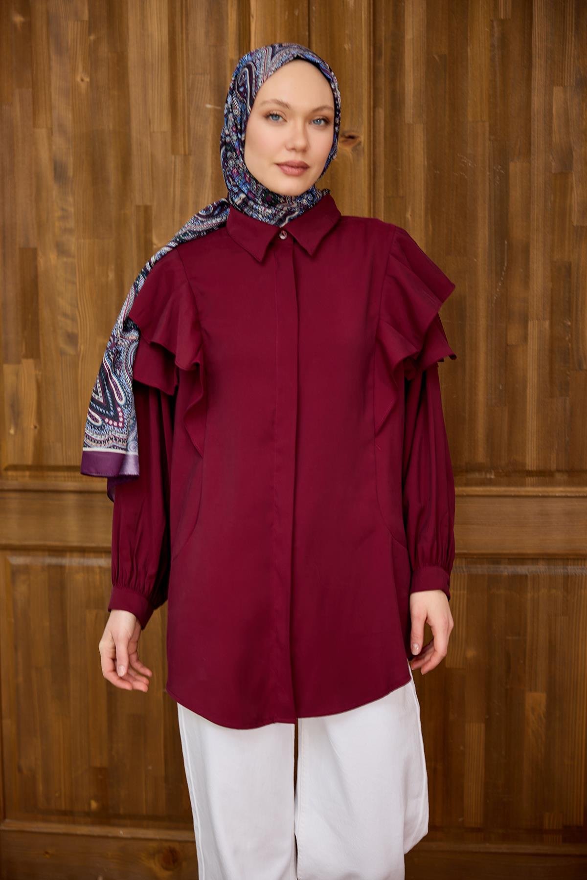 Kolları Valonlu Düğme Detaylı Gömlek  Bordo