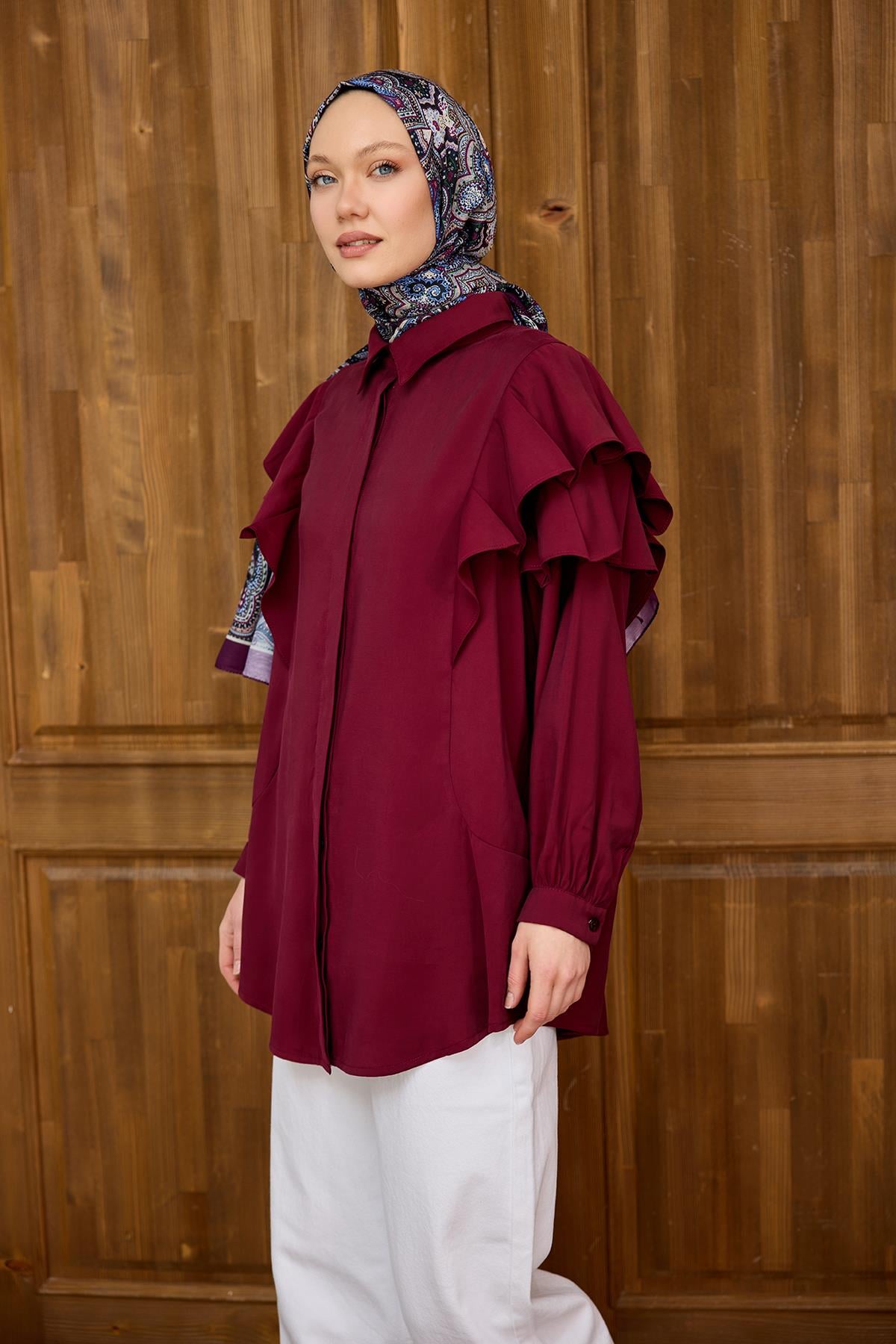 Kolları Valonlu Düğme Detaylı Gömlek  Bordo