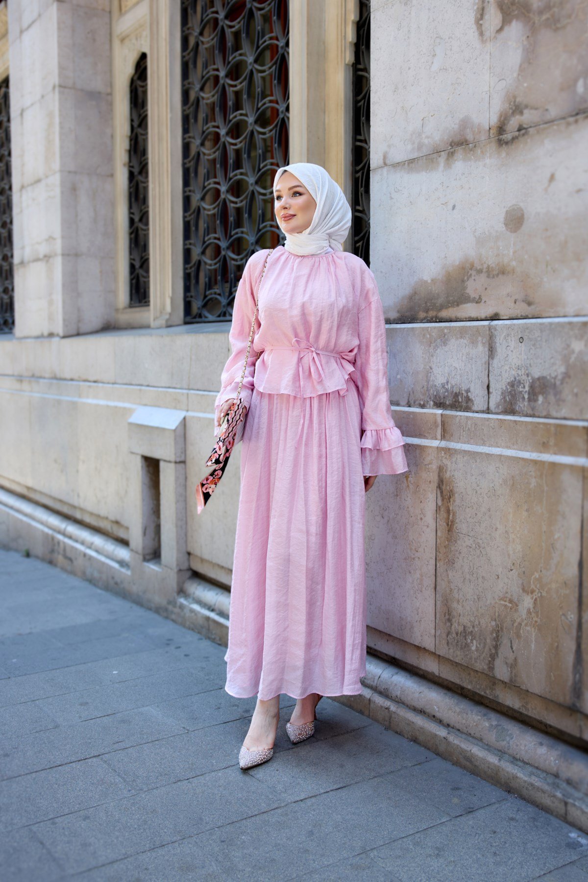 Kolu Fırfır Detay İç Astarlı Tül Takım Pembe