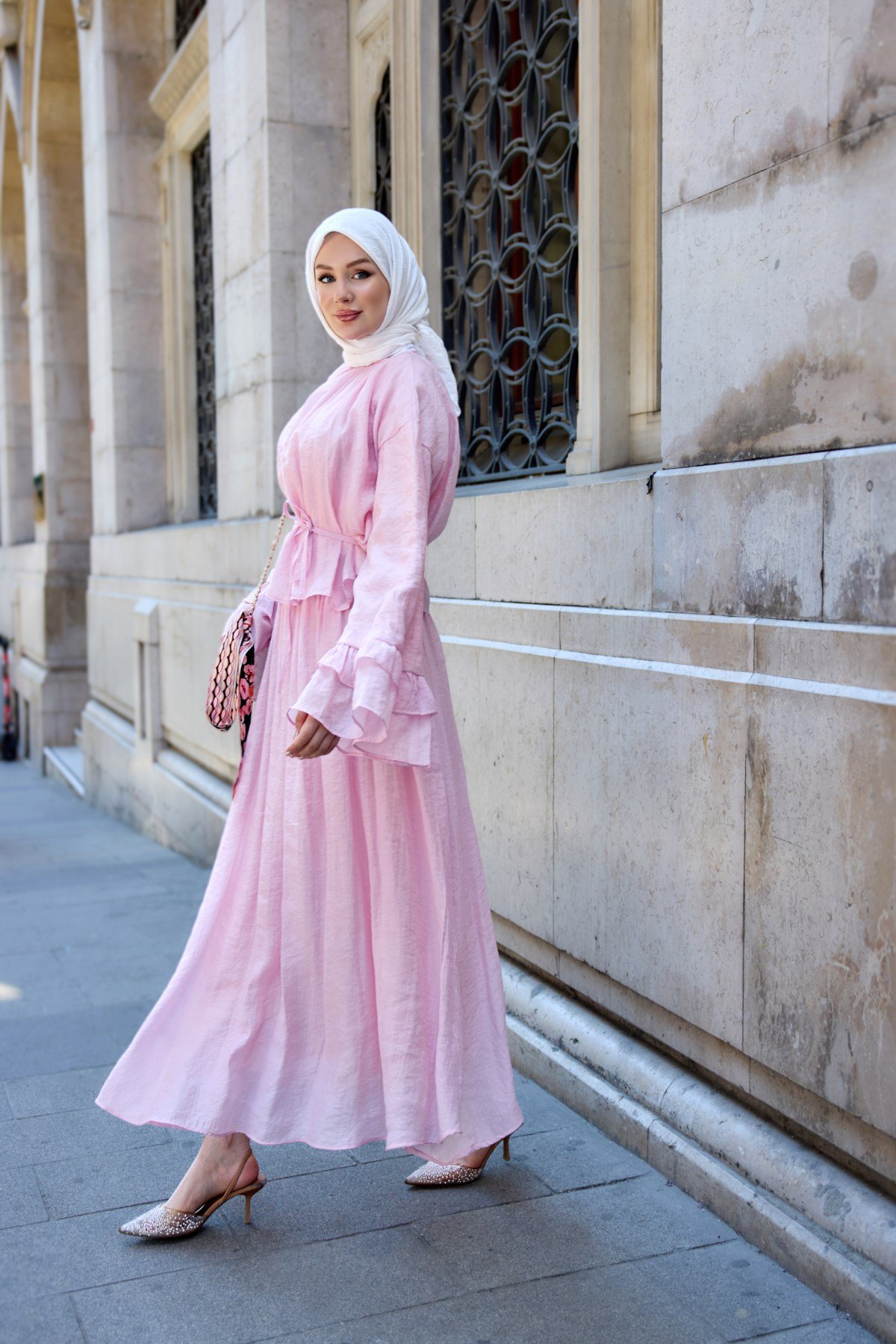Kolu Fırfır Detay İç Astarlı Tül Takım Pembe