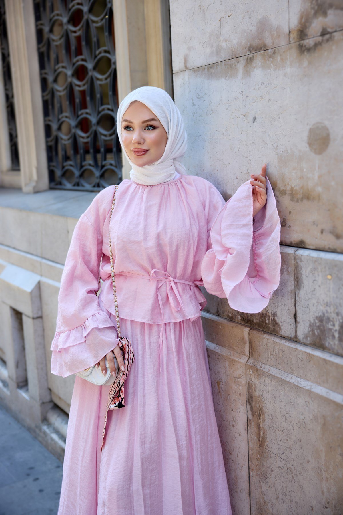 Kolu Fırfır Detay İç Astarlı Tül Takım Pembe