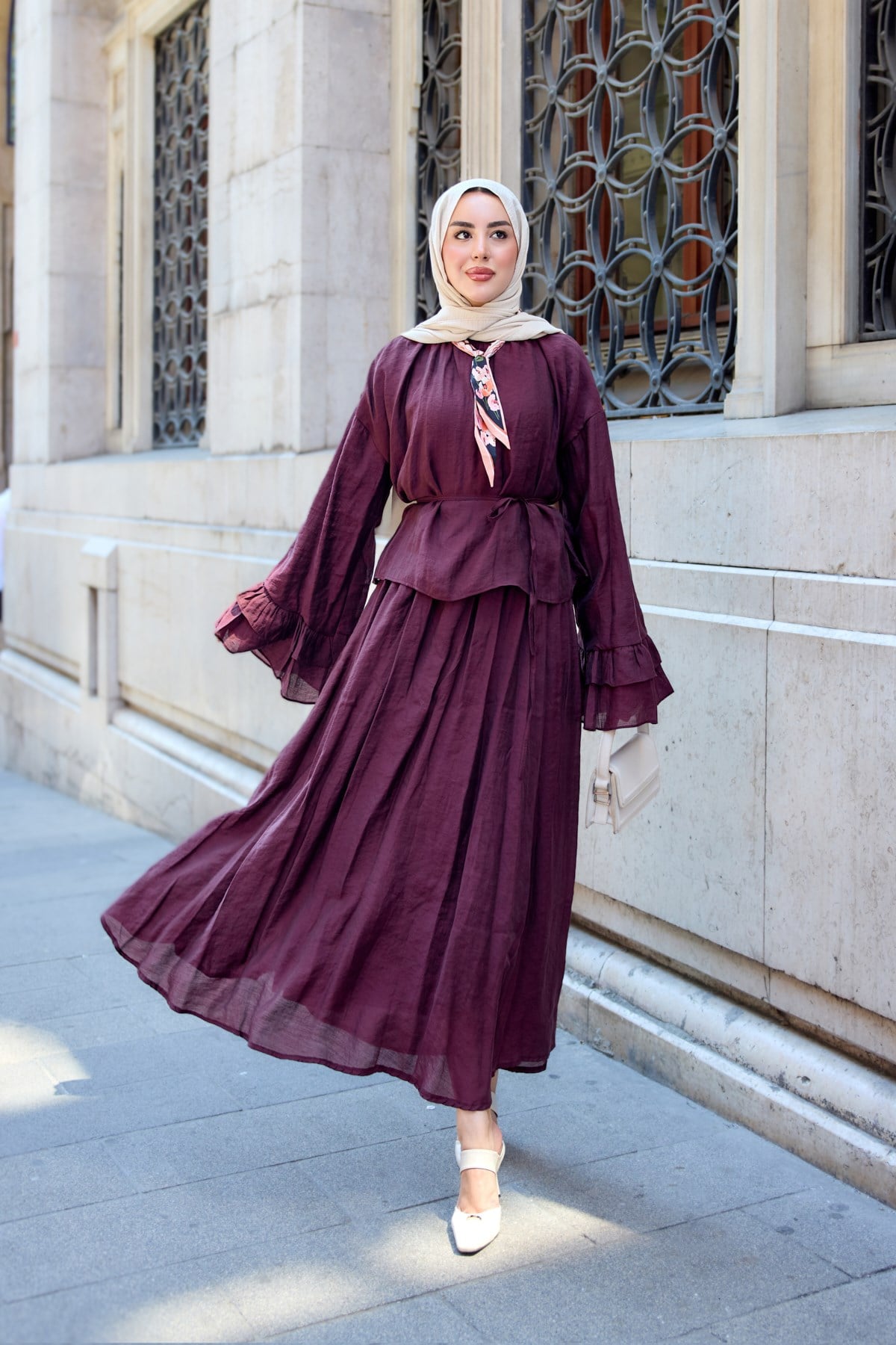 Kolu Fırfır Detay İç Astarlı Tül Takım Mürdüm