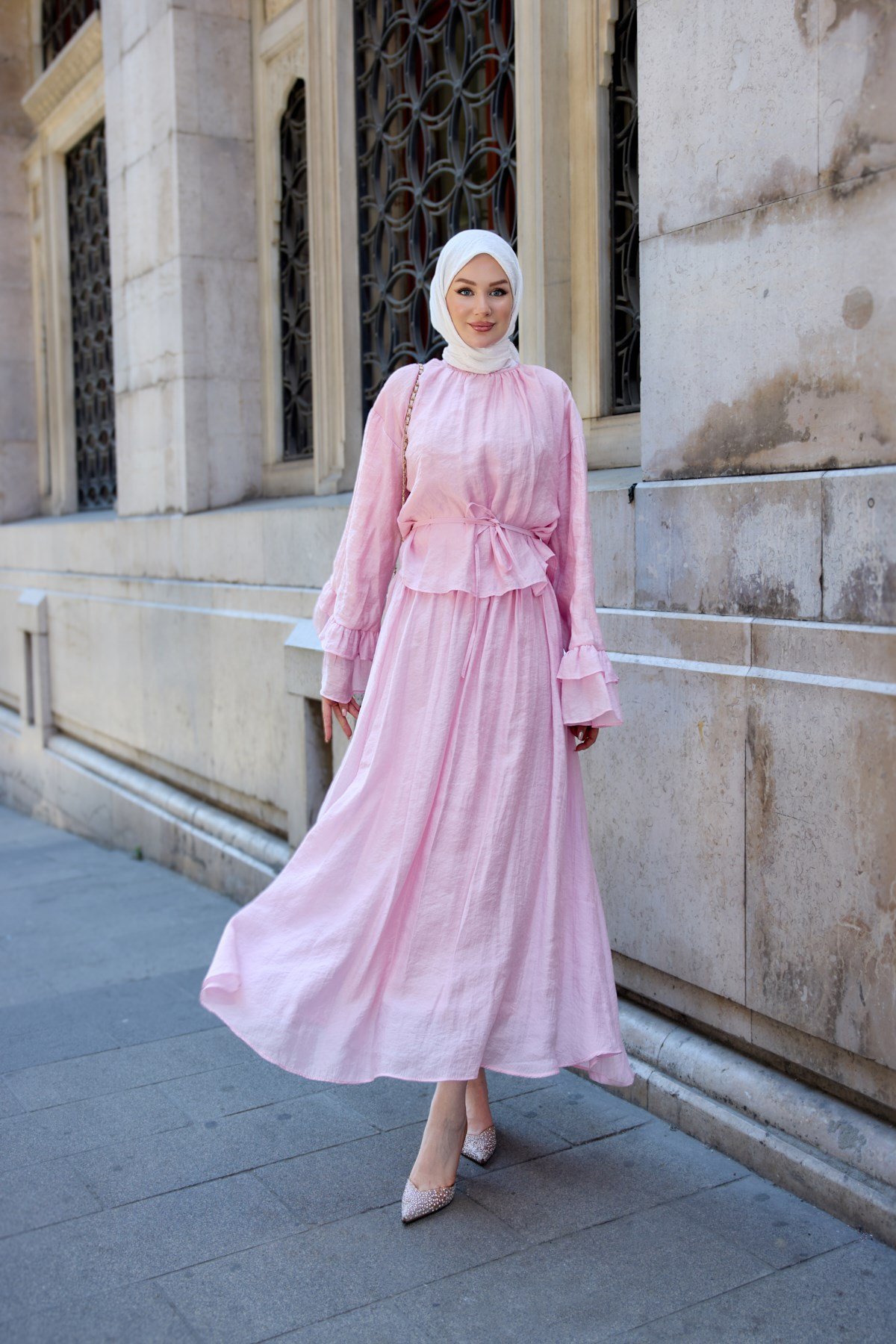 Kolu Fırfır Detay İç Astarlı Tül Takım Pembe