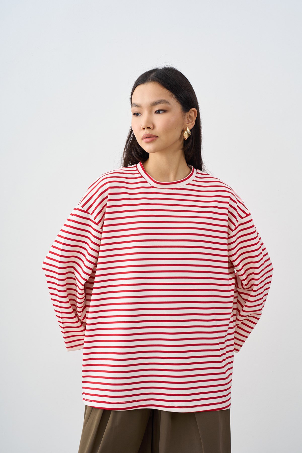 Kontrast Çizgili Bisiklet Yaka Oversize Sweatshirt Kırmızı