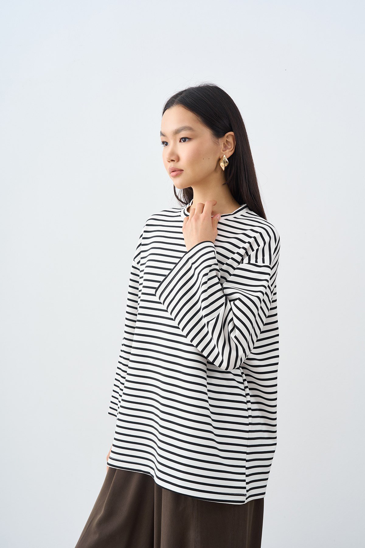 Kontrast Çizgili Bisiklet Yaka Oversize Sweatshirt Siyah