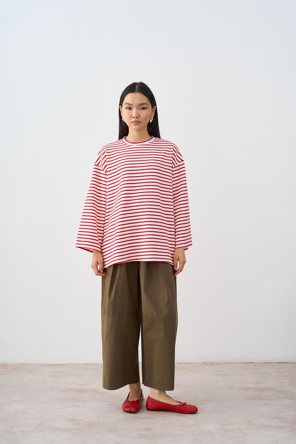 Kontrast Çizgili Bisiklet Yaka Oversize Sweatshirt Kırmızı