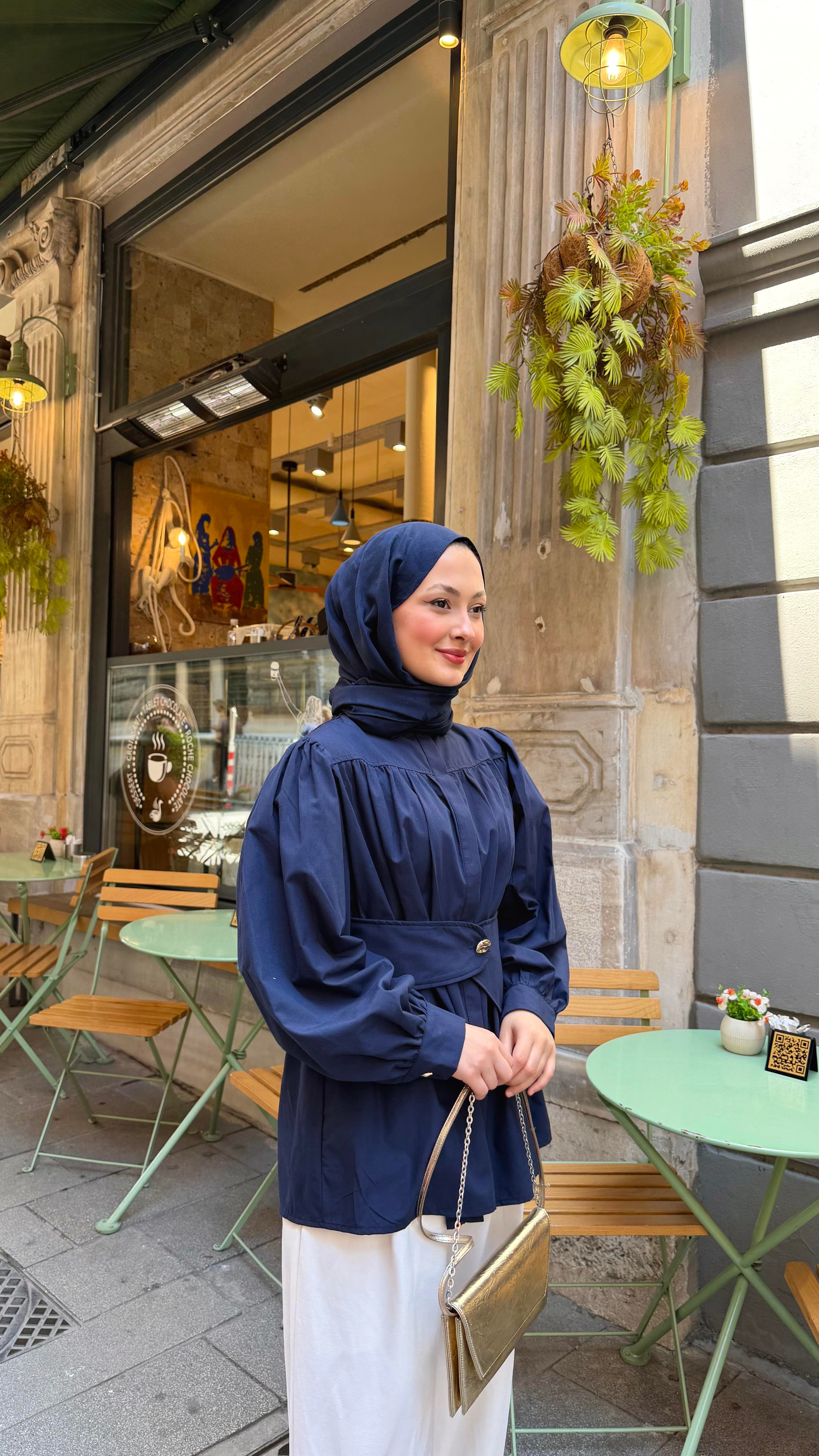 Korsaj Kemer Detaylı Büzgülü Gömlek Lacivert