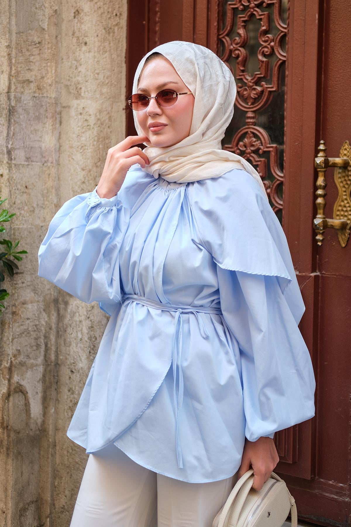 Kruvaze Yaka Bel Bağlamalı Bluz Mavi
