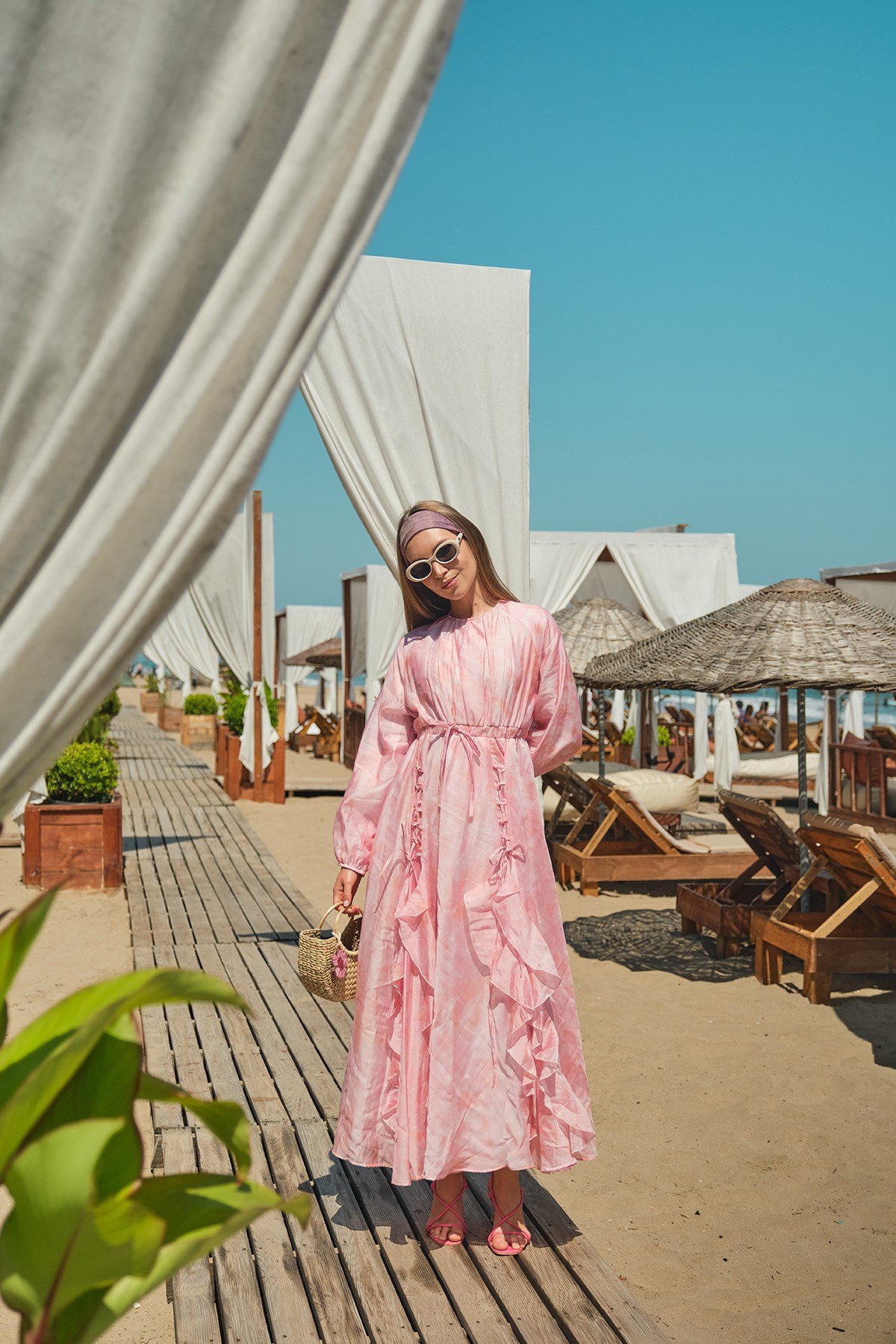 Kurdele Detay Vual Desenli Tensel Elbise Pembe