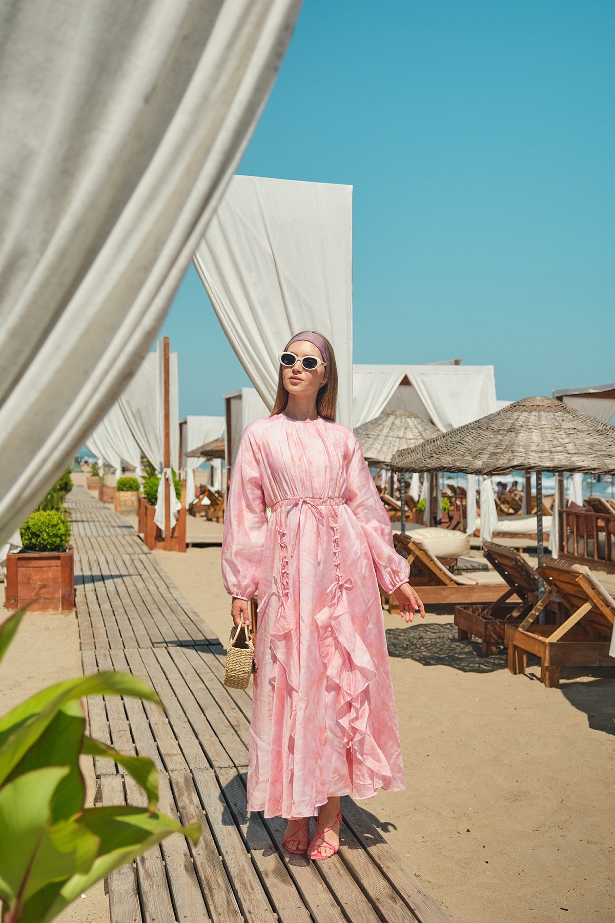 Kurdele Detay Vual Desenli Tensel Elbise Pembe