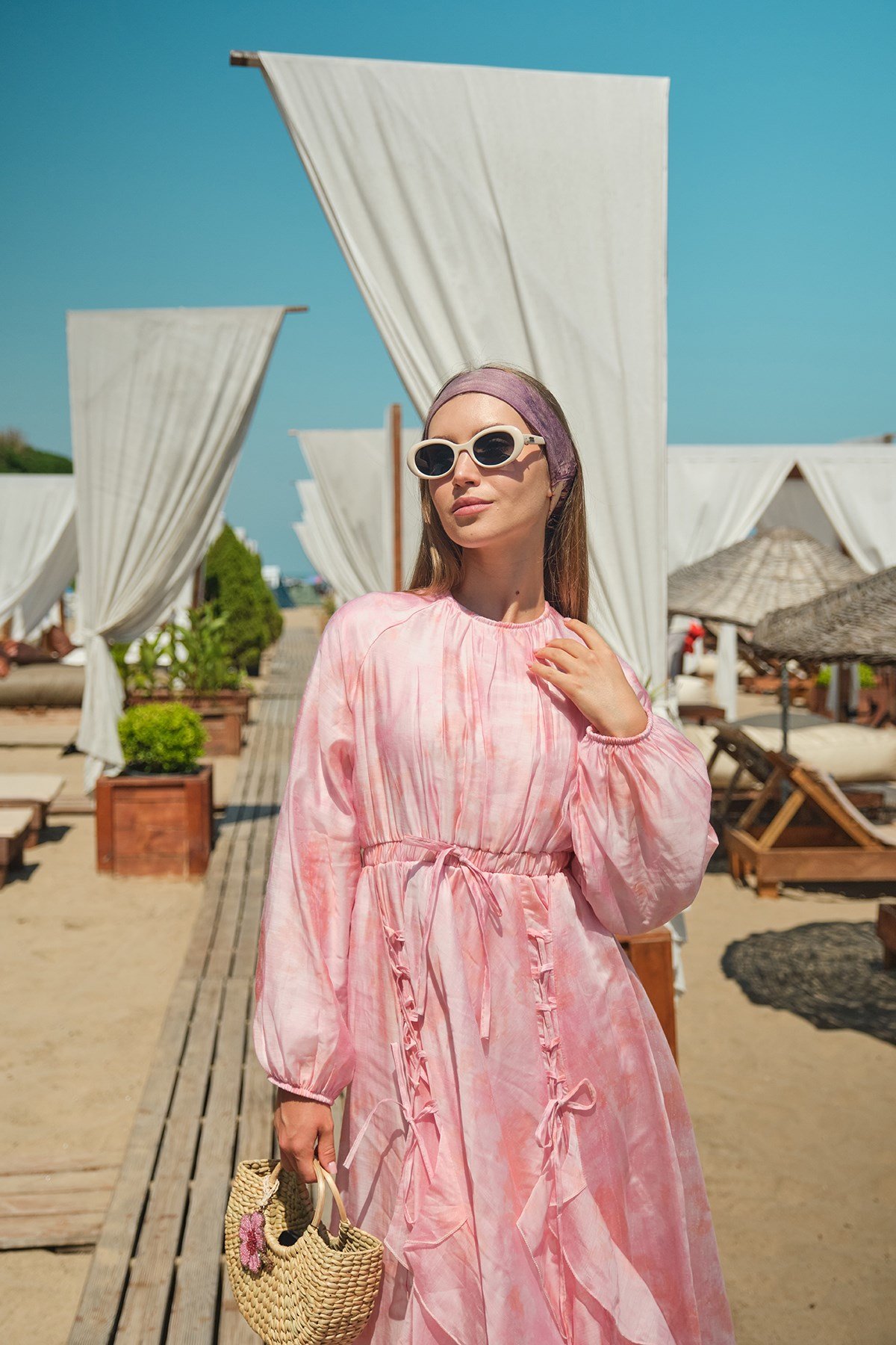 Kurdele Detay Vual Desenli Tensel Elbise Pembe