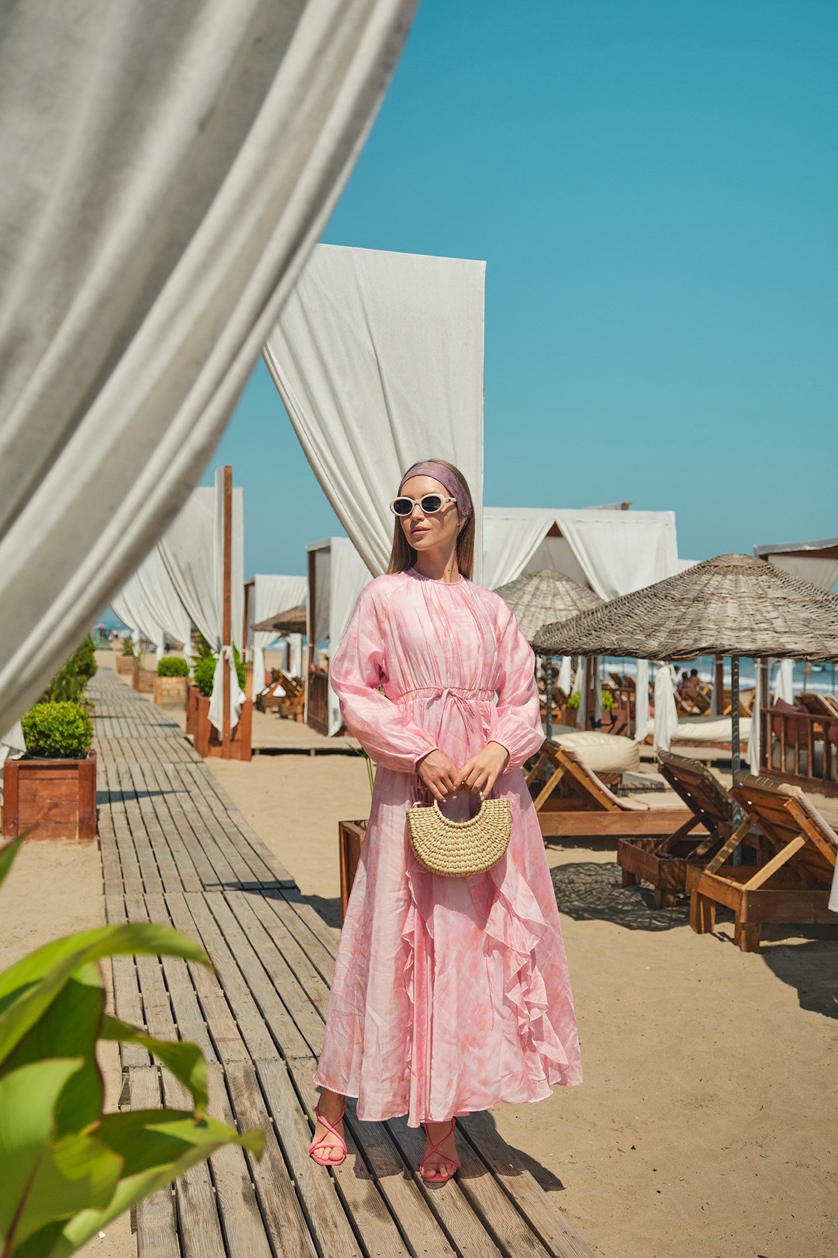 Kurdele Detay Vual Desenli Tensel Elbise Pembe