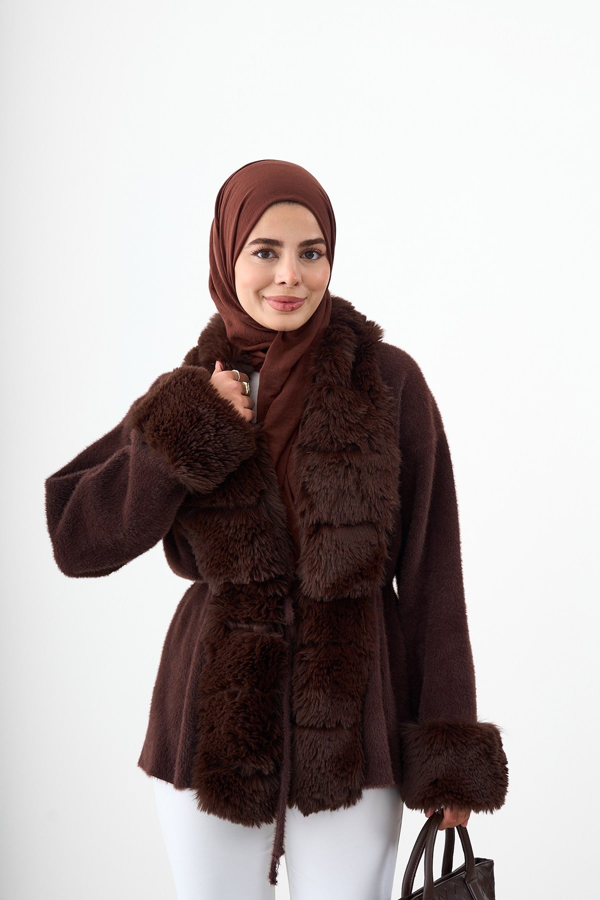 Kürk Detay Bel Bağlamalı Triko Hırka Kahverengi