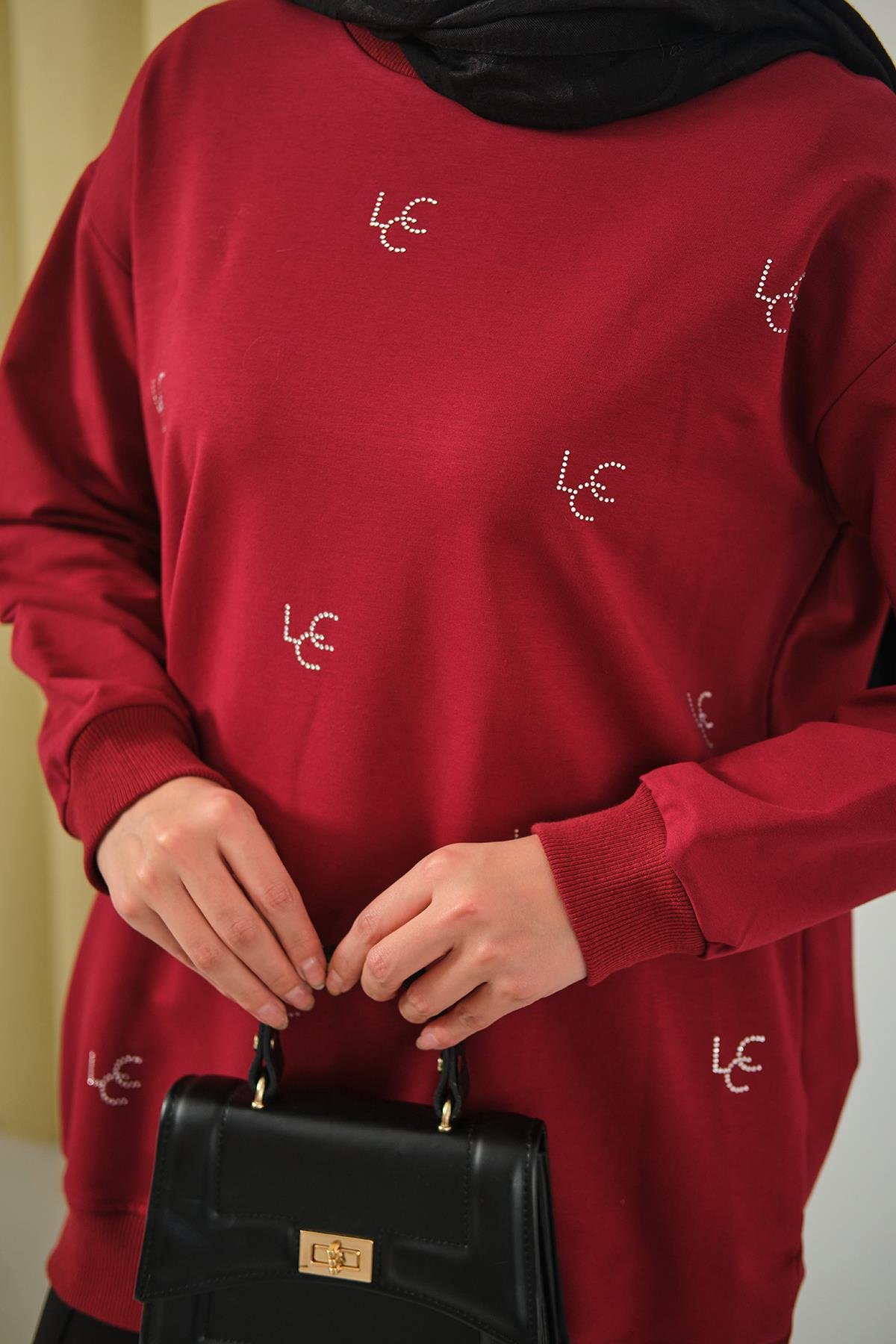 LCC Taş Detay Bisiket Yaka Sweat Bordo