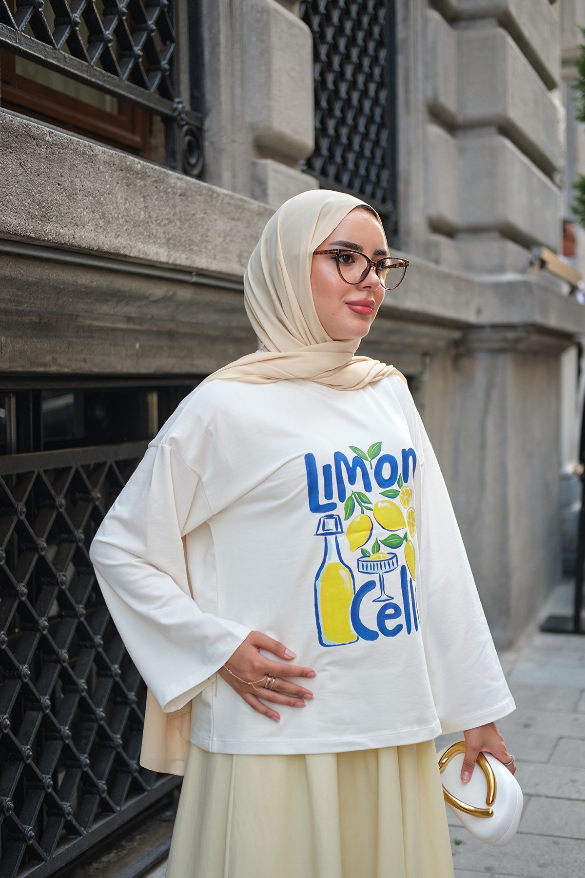 Limon Desen Uzun Kollu Body Ekru